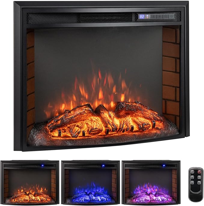 Tangkula 26" Electric Fireplace Insert, 750W/1500W Recessed Curved Fireplace Heater