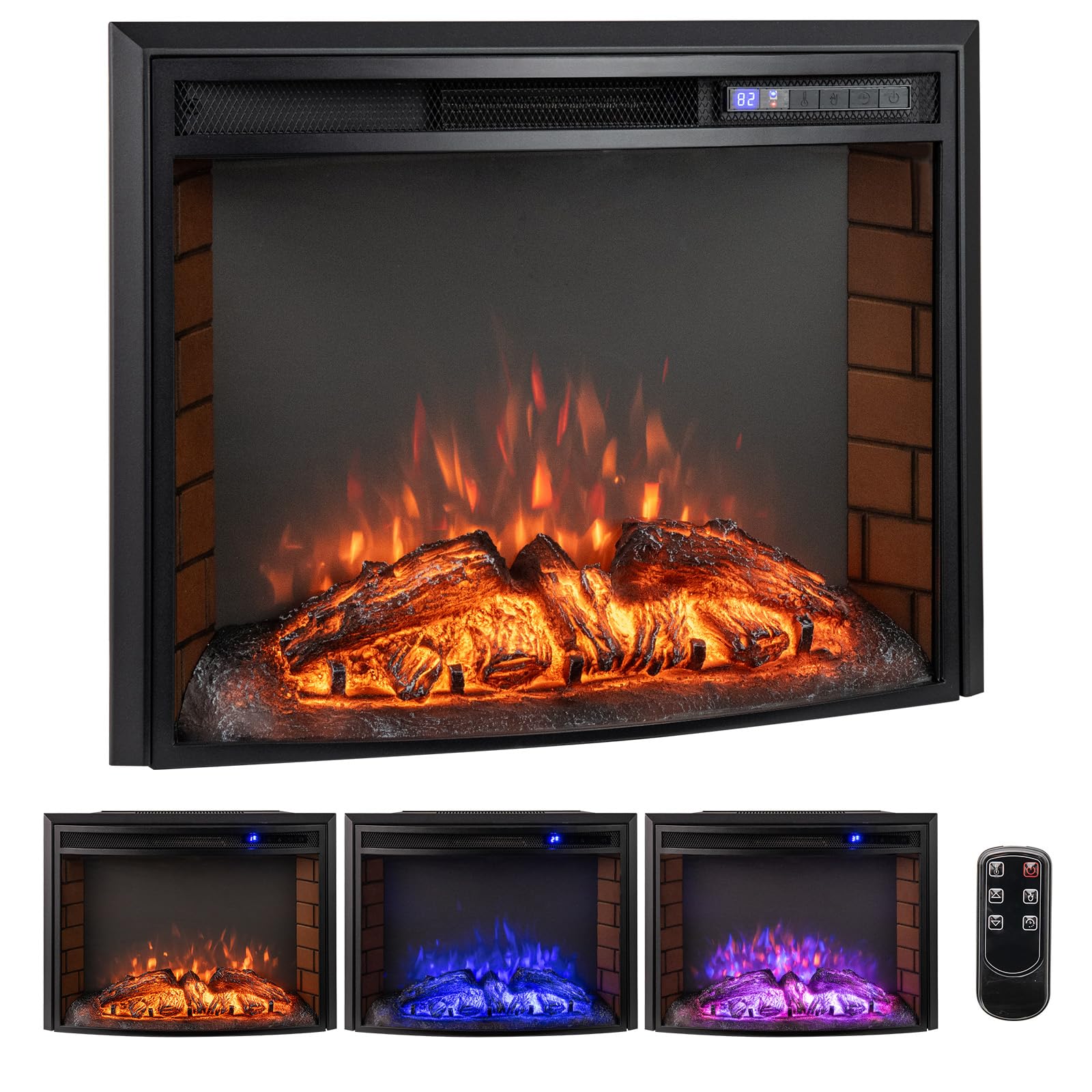 COSTWAY Cheminée Électrique Murale Encastrable Courbé, Cheminée Chauffage 17°C à 28°C 750W/1500W avec Télécommande, Protection Contre Surchauffe Minuterie 6H 3 Couleurs 6 Luminosité de Flammes