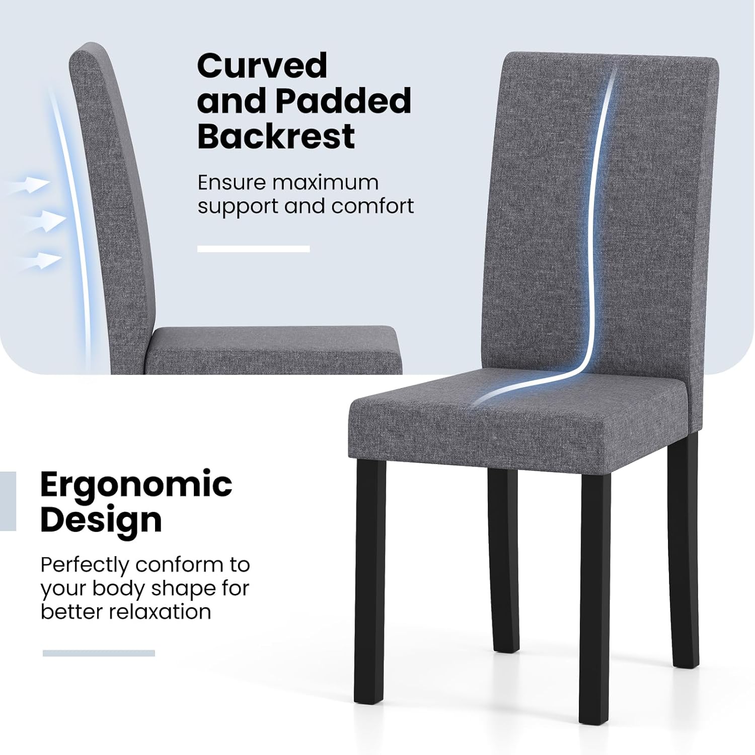 KOTEK Upholstered Dining Chair Set of 2, Mid-Century Modern Kitchen Chairs with Solid Rubber Wood Legs, High Backrest, Armless Side Chairs for Living Room, Dining Room (Dark Grey)
