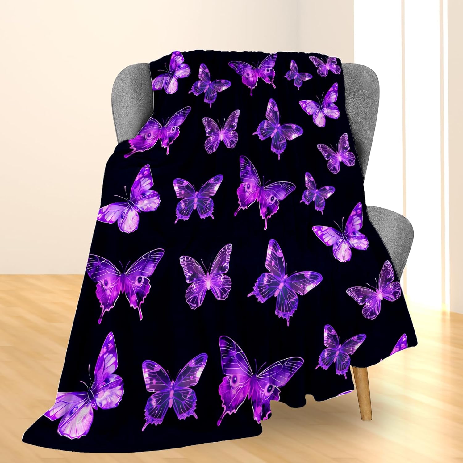 Vibrant Purple Butterfly Blanket Gifts, Neon Glow Butterflies Flannel Throw Blanket for Couch, Bed, Travel & Home Decor, Cozy Lightweight Fuzzy Warm Gothic Blankets for Women Girls 60×50 in