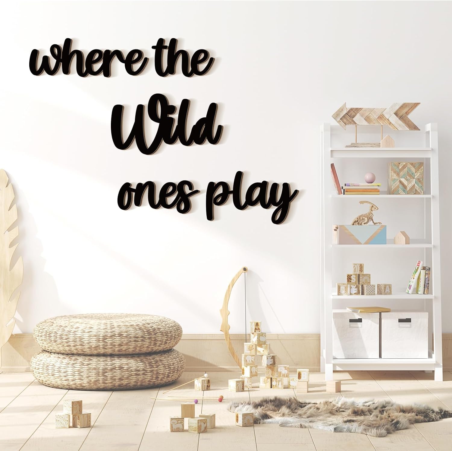 Kigley 5 Pcs Playroom Wall Decor 15.4" x 18" 3D Where The Wild Ones Play Nursery Sign Wooden Wall Art Decoration for Kids Toddler Room Decor Boys and Girls Kindergarten Bedroom Word Sign(Wood Color)