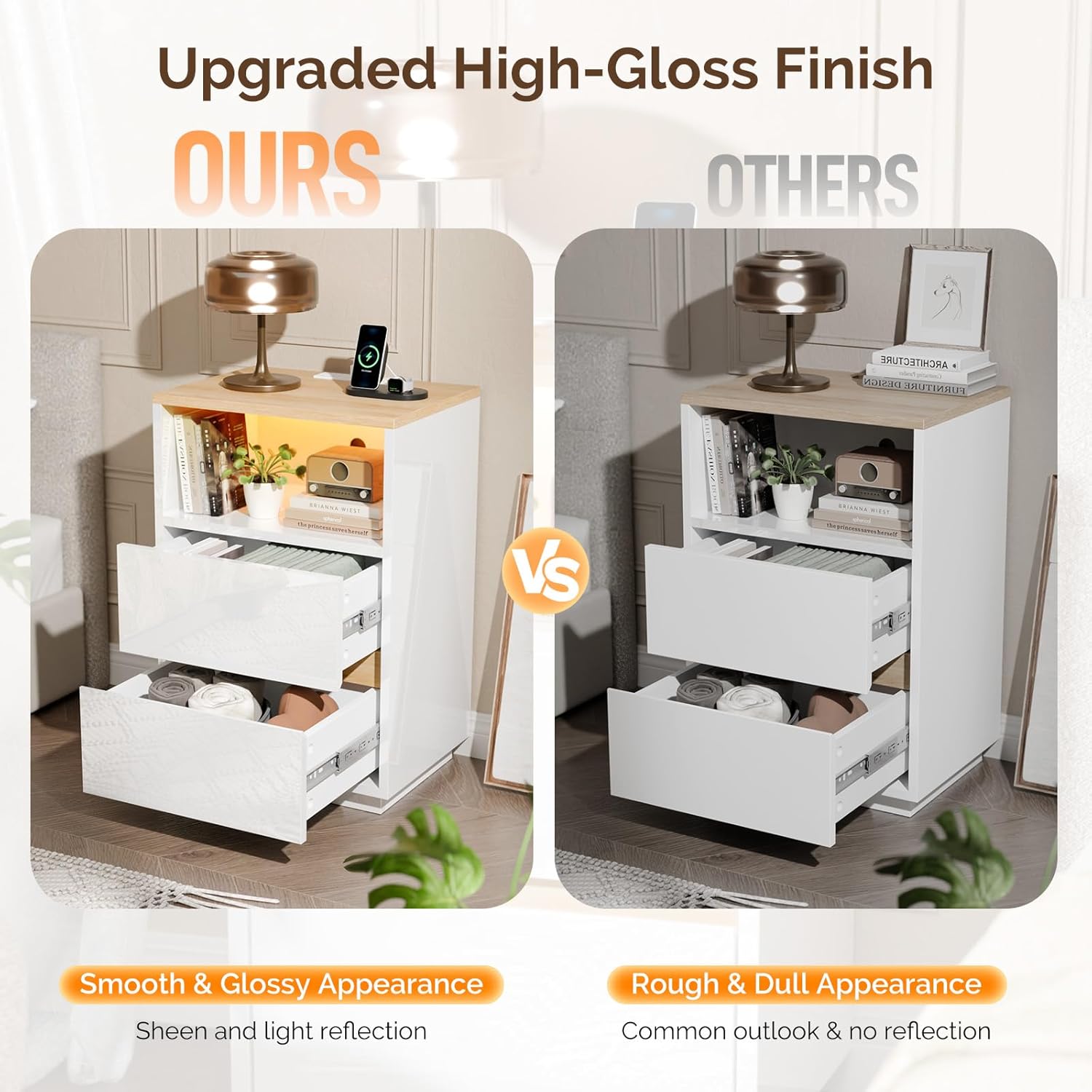 VINGLI White Nightstand with Charging Station, High Gloss Led Night Stand with Drawers, End Table, Bedside Table, Smart Nightstand Modern, Small Night Stand for Bedroom, 15.63" W*11.61" D*23.62" H