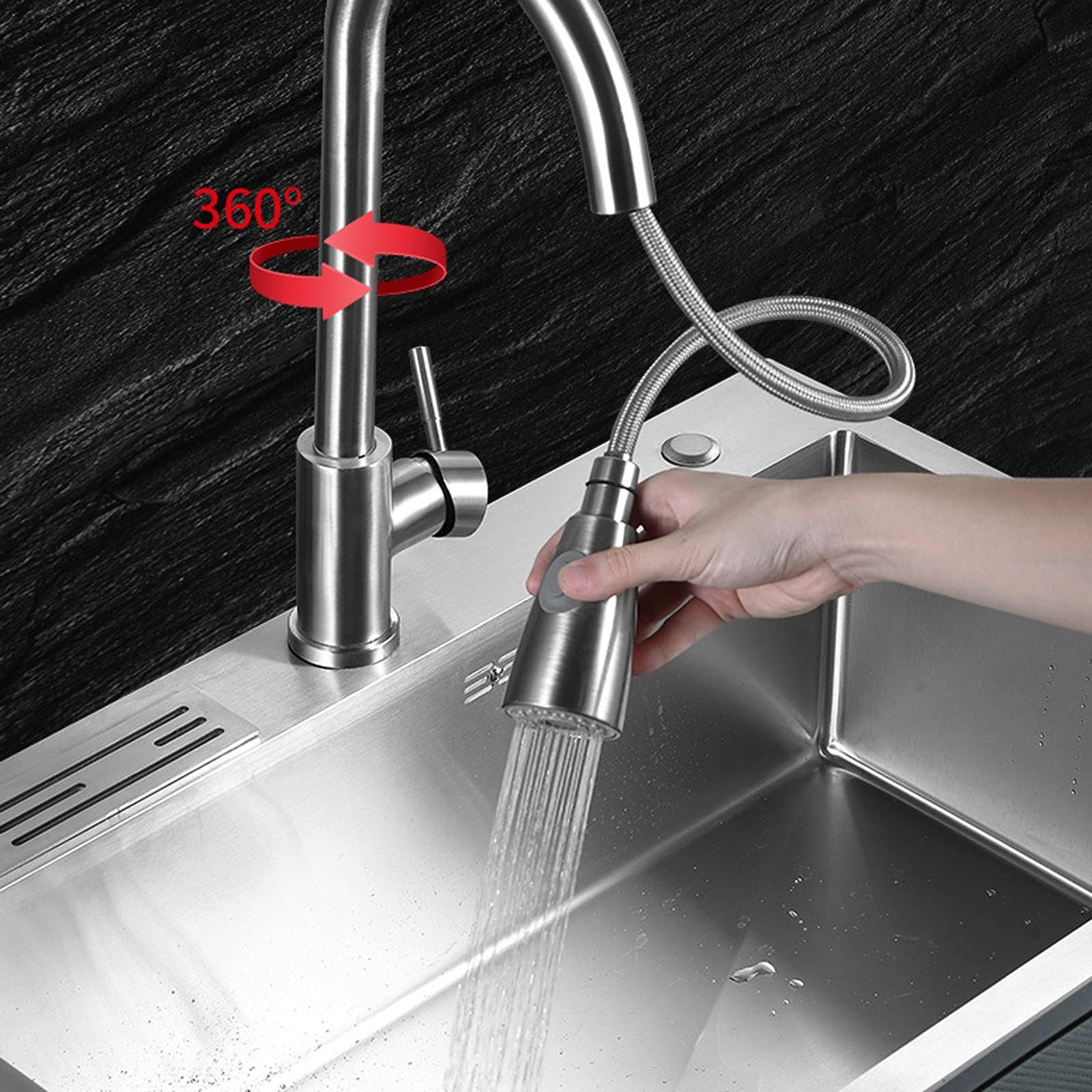 SDdPulse Juego de fregadero de cocina de doble tazón, fregadero de acero inoxidable 304 con grifo extraíble y cesta de drenaje para el hogar, oficina, bar y lavandería, plateado-7843