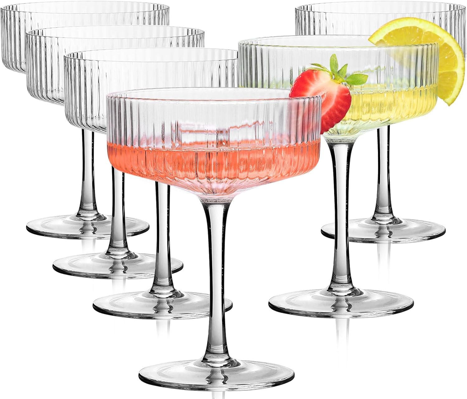 THEWHITESHOP 4 Pcs Ribbed Coupe Glasses,10 oz Vintage Cocktail Coupe Glasses Set,Unique Martini Glass,Classic Cocktail Galssware,Bar Drinking Glasses Set Pefect for Cocktail,Wine,Champagne & G