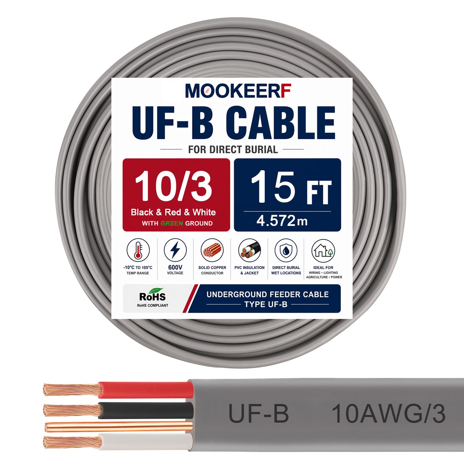 UF-B 10/3 przewód elektryczny do pogrzebu bezpośredniego 10 Gauge 15 stóp, 100% czysta miedź, 10 AWG, 3 złącza do podajnika podziemnego, wilgotnych lub korozyjnych miejsc, wewnątrz i