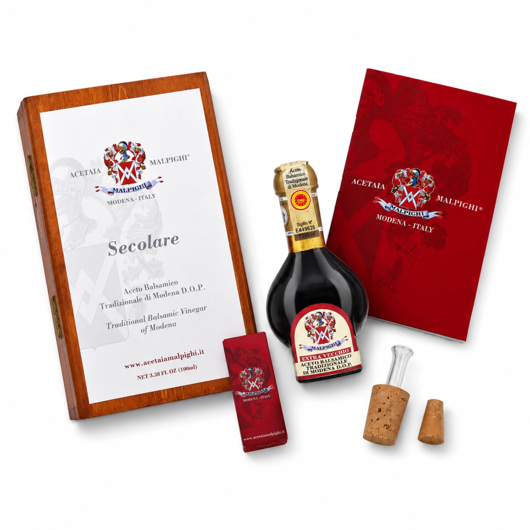 Acetaia Malpighi – Traditioneller Balsamico-Essig aus Modena DOP Extravecchio Secolare – 100 ml – Nur gekochter Most – mit Rezeptbuch und Dosierverschluss