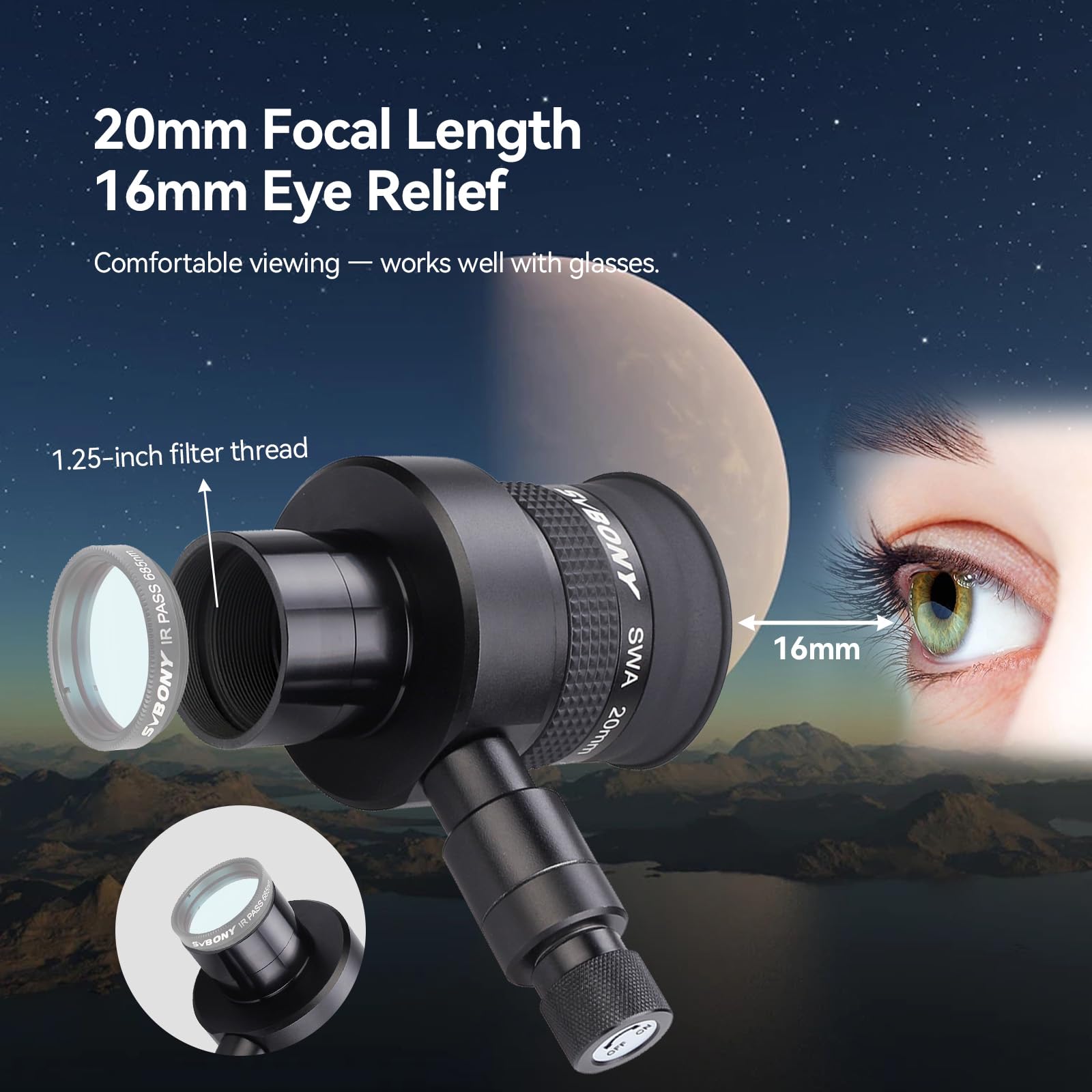 SVBONY SV152 Oculaire réticule 3,2 cm Réticule 20 mm Illuminé Centrage Télescope Oculaire SWA 70 degrés Réglable pour Une astrophotographie étoilée Parfaitement guidée