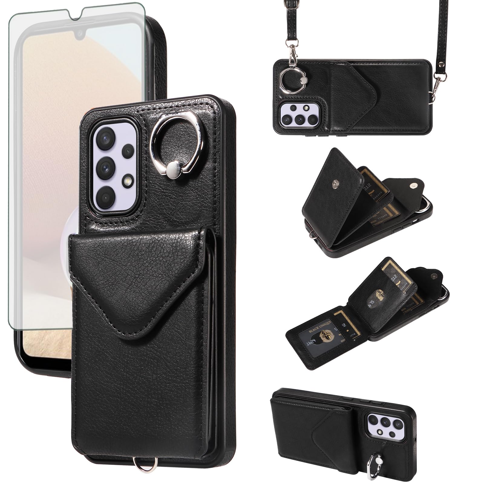 Asuwish Phone Case for Samsung Galaxy A32 4G 6.4 inch Wallet Cover with Screen Protector and Card Holder Slot Ring Stand Flip Cell Accessories