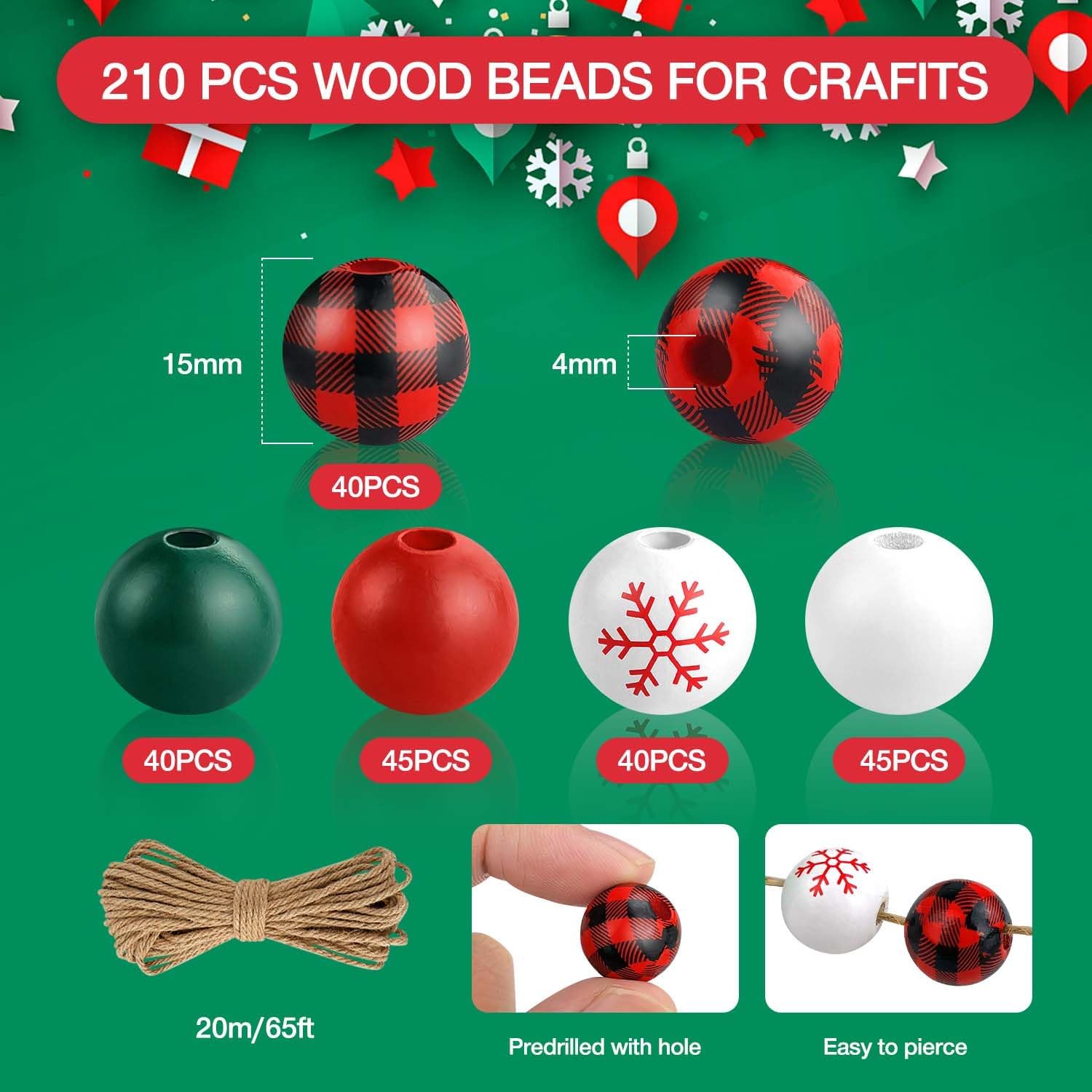 210 Pcs Christmas Wooden Beads Decoration Red Green Buffalo Plaid, Christmas Tree Ornaments Garland, Colored Snowflake Farmhouse Wood Beads for Christmas Party Holiday DIY Crafts Jewelry Making,16 mm - Image 2