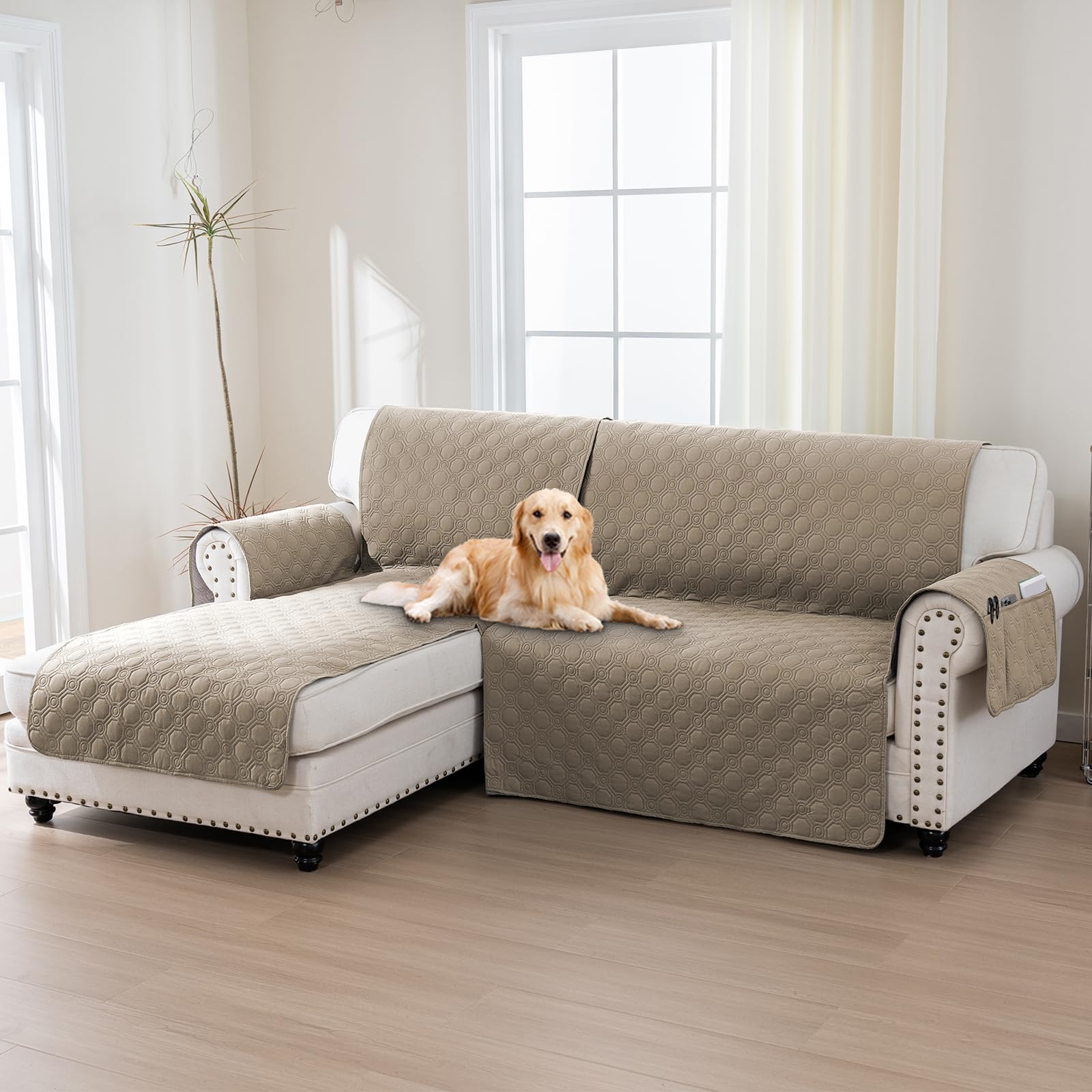 H.Versailtex 100% Waterproof Sofa Slipcovers for Sectional Sofa 2-Piece Corner Sofa Cover Sectional Couch Cover L Shaped, Seat Width 247CM (Left Chaise Lounge Cover+3 Seat Sofa Cover, Taupe)