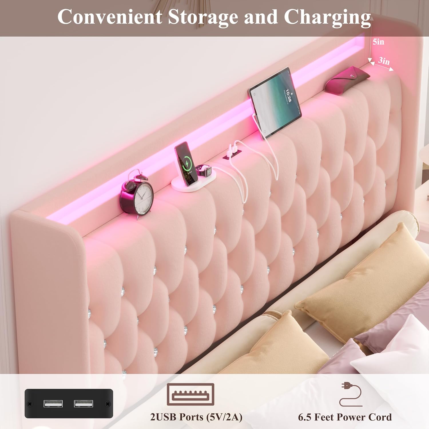 HIFIT Upholstered King Size LED Bed Frame with Charging Station & 4 Storage Drawers, Velvet Crystal Button-Tufted Wingback Headboard, Princess Platform Bed Frames for Girls, No Box Spring Needed, Pink