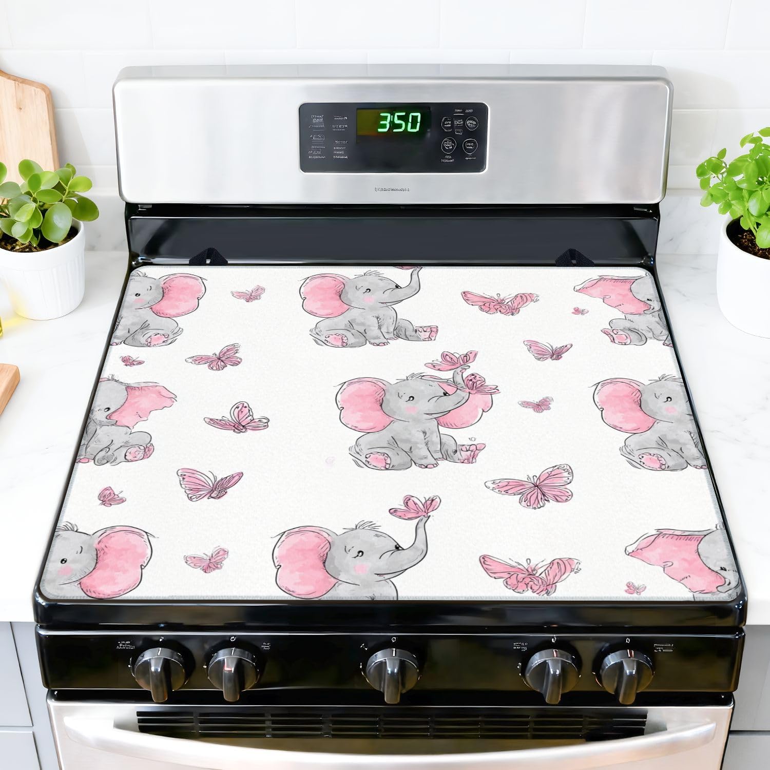 Stove Top Covers for Electric Stove Seamless cute elephants butterflies for kids design Glass Cooktop Burner Covers Heat Resistant Protector Kitchen Decor Keep Stove Clean 28''x20''