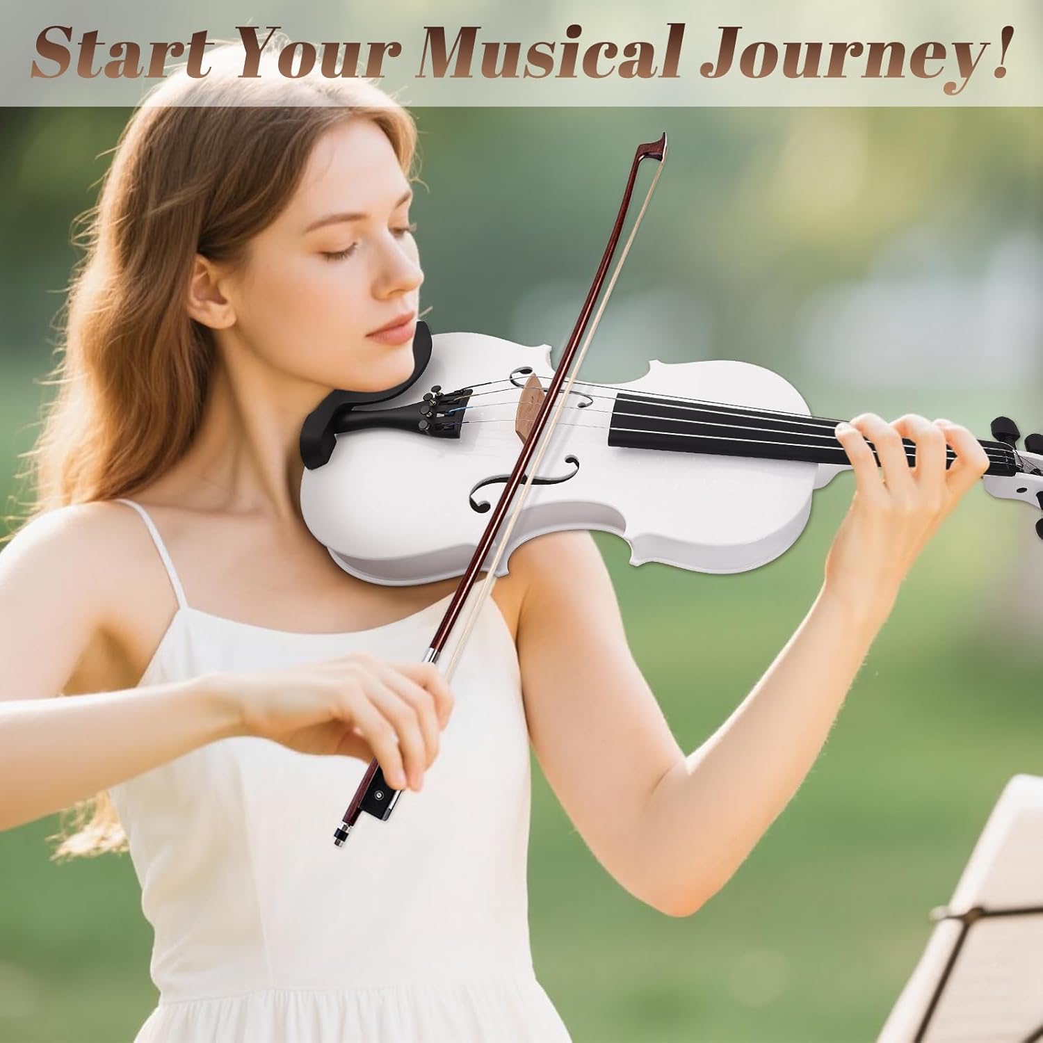 4/4 Solid Wood Violin – Colorful Finish, Ebony Fittings, Student Full-Size Violin Starter Kit with Tuner, Shoulder Rest & Extra Strings (White)