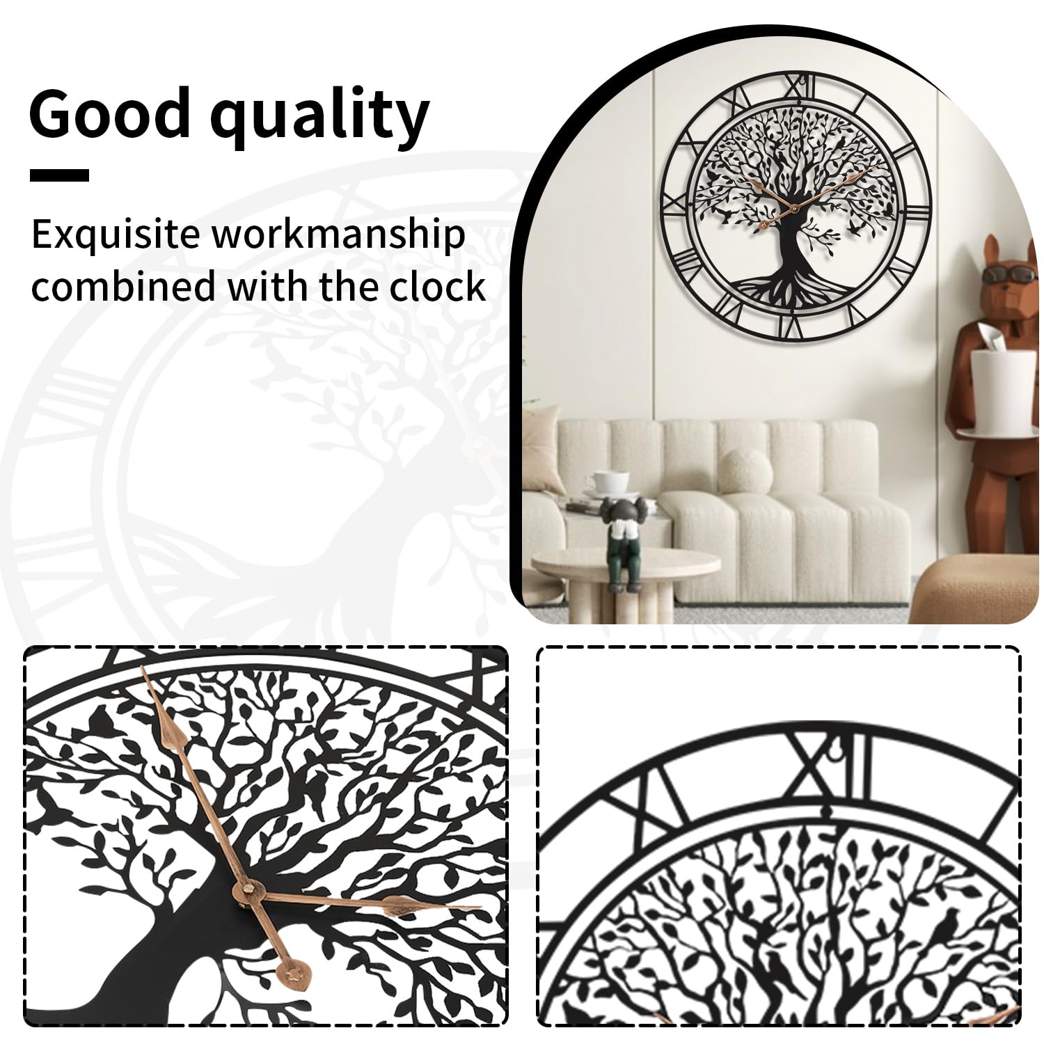 Gran árbol de la vida reloj de pared de metal negro reloj de pared grande decoración del hogar sala de estar relojes de pared con números reloj silencioso de medio siglo reloj moderno familia