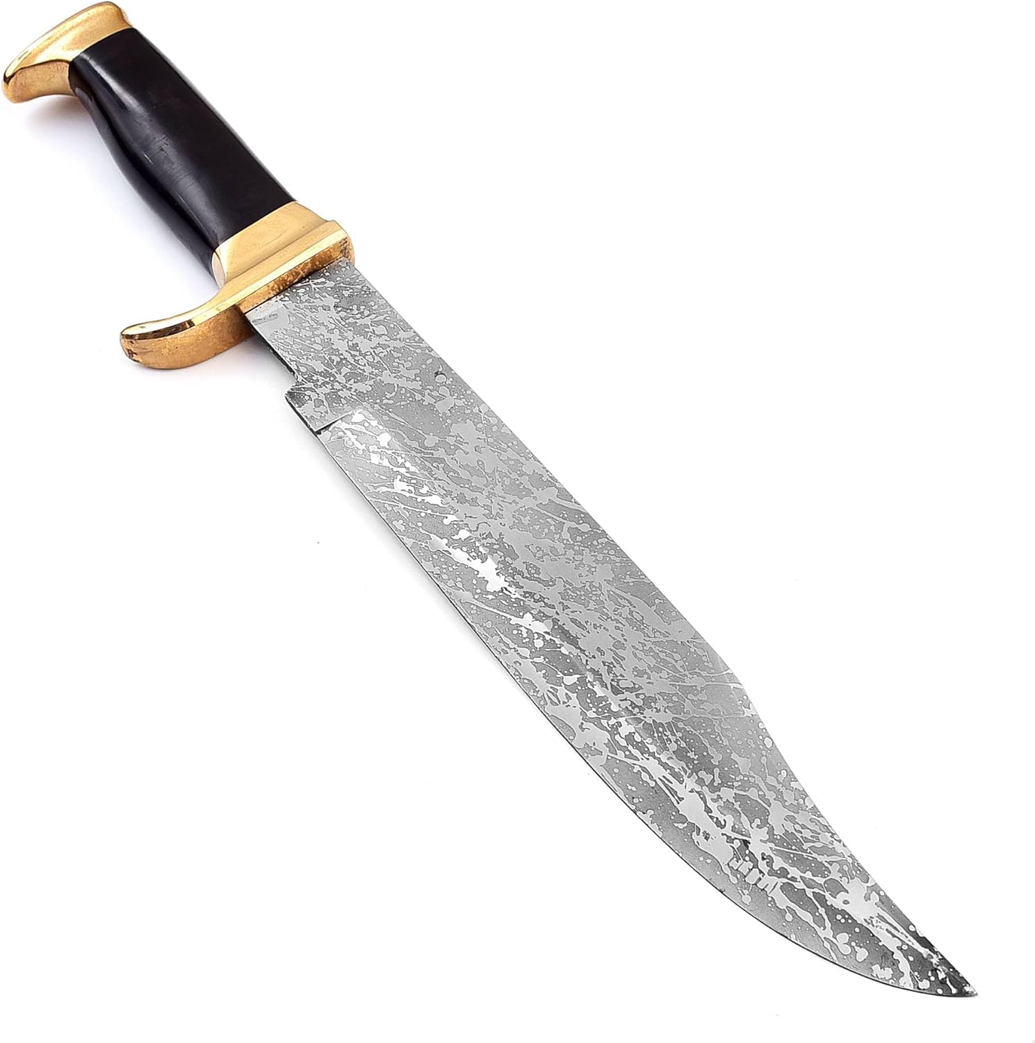 18" Long stainless J-2 steel Hunting Bowie Knife, Bull horn and rose wood scale with Brass finger guard & Pommel, Over 10" sharp steel clip point blade, Cow Hide Leather sheath with belt loop, Gift box packing