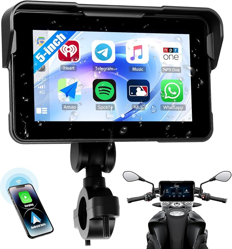 CAMECHO Moto Carplay Pantalla 5 Pulgadas con Wireless Carplay Android Auto IP68 Dispositivos de Navegación a Prueba de Agua, Pantalla Táctil con Bluetooth para Motocicletas con Android Cast Airplay