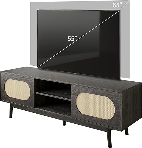 Miniatura 4 de VOWNER Soporte de TV de ratán rústico para TV de 556065 pulgadas, moderno centro de entretenimiento con puerta de ratán natural y 2 estantes