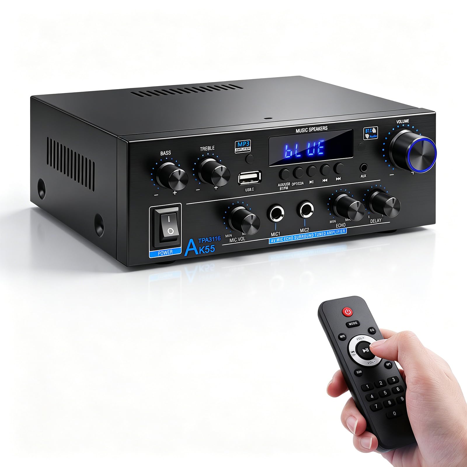 sikkeby Wzmacniacz HiFi AK55 Bluetooth stereo wzmacniacz audio, 2 kanały 70 WX2 maks. 600 W, wzmacniacz dźwięku 12 V/220 V, do domu lub samochodu, AK-55-DE