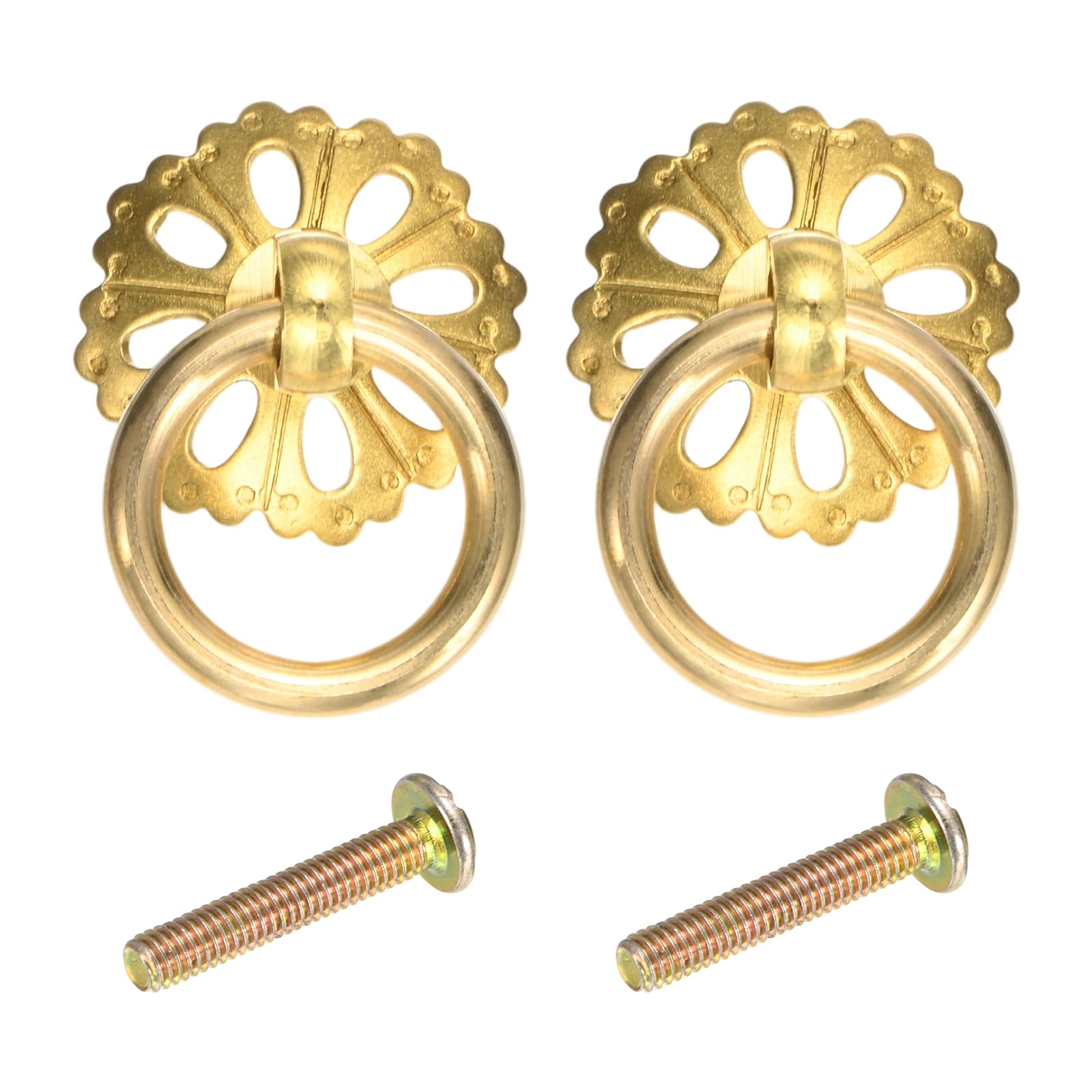 sourcing map 2Pcs 0.98 Inch Brass Drawer Pulls and Knobs, Vintage Ring Drawer Pulls with Screws for Cabinet Dresser Closet Cupboard Hollow Flower Shape, Gold Tone