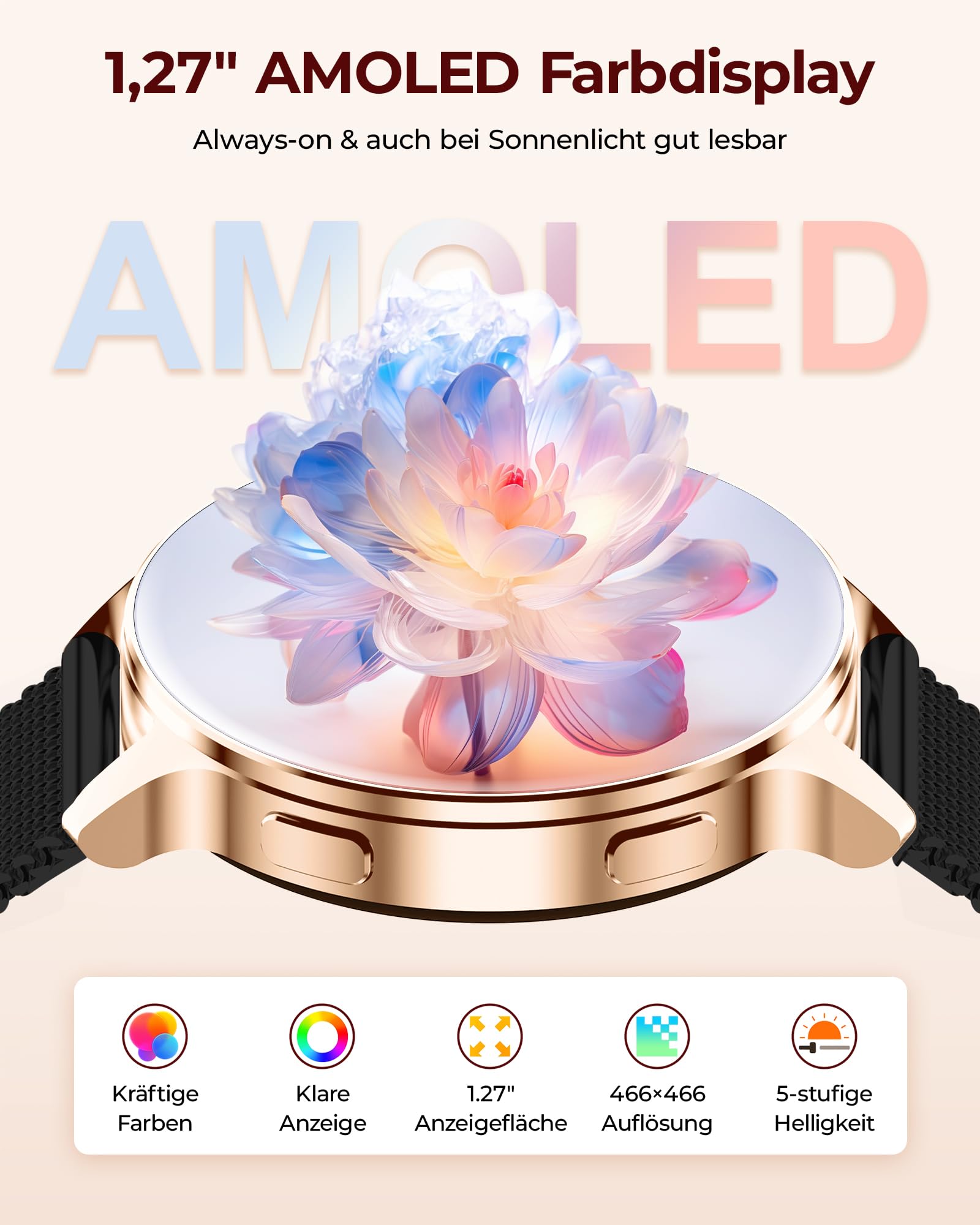 Iaret Smartwatch Damen Rund mit 3 Armbändern, 1,27" AMOLED Display, Telefonfunktion, 120+ Sportmodi, 24H SpO2/Puls, Schlafmonitor, Fitnessuhr für iOS Android, Schwarzgold - Geschenk für Frauen
