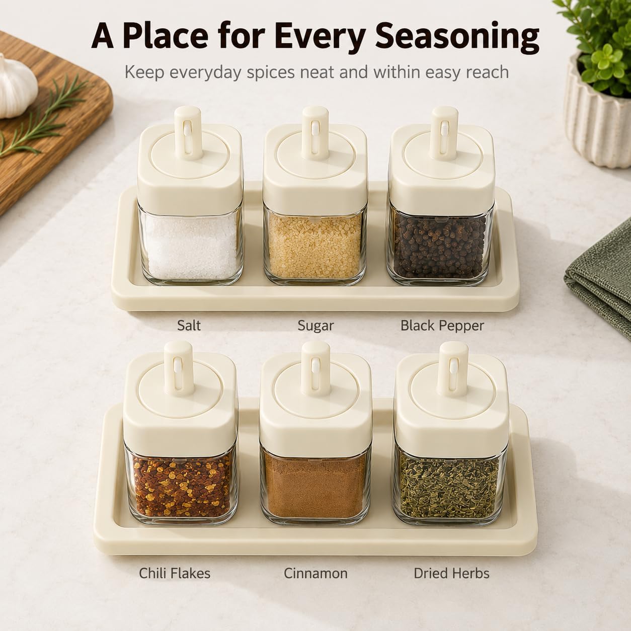 6 Pcs Glass Spice Jars with Retractable Spoon Lids, 10 oz Airtight Seasoning Containers with Tray Base & Labels, Moisture-Proof Condiment Pots Salt Sugar Dispenser for Kitchen