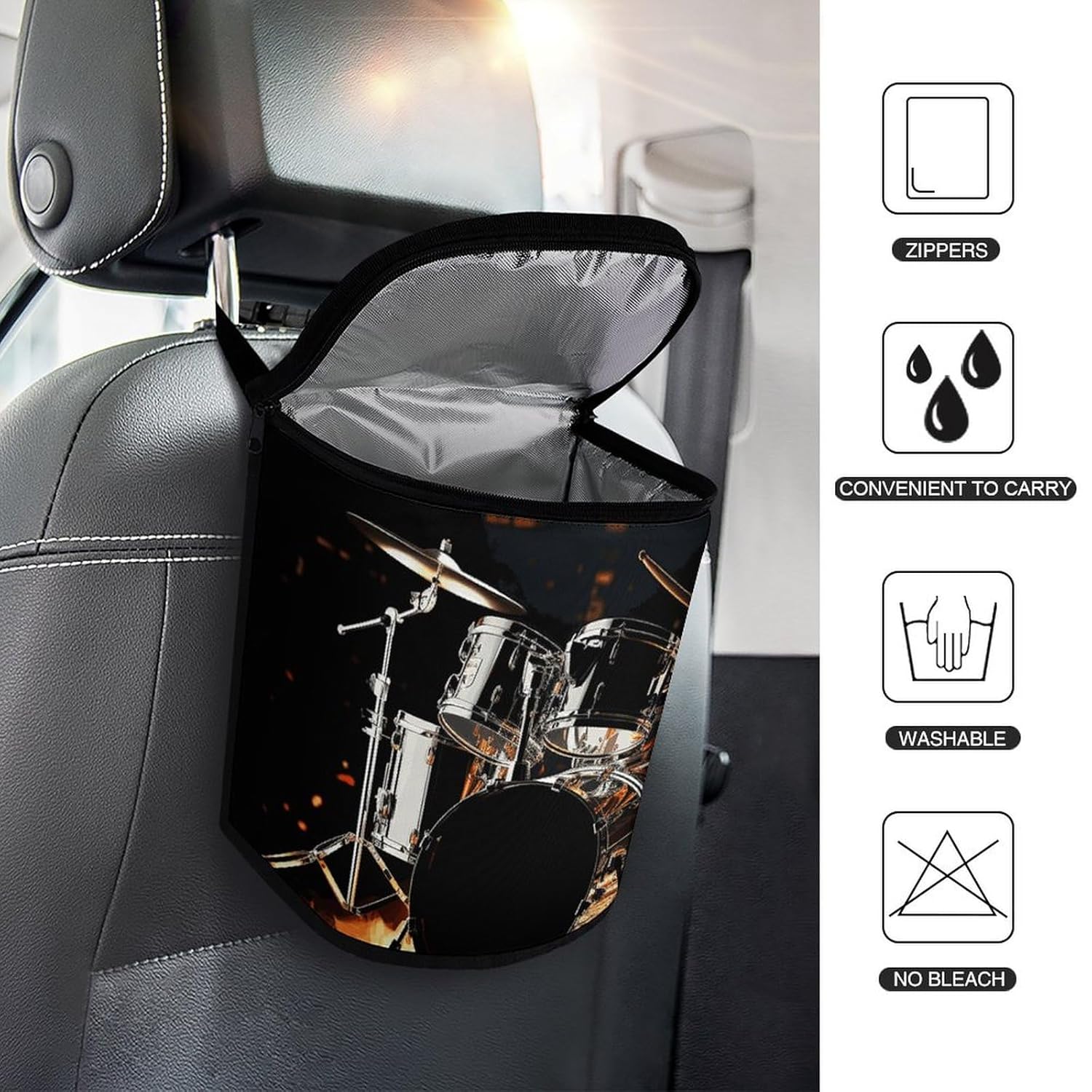 Car Trash Can Car Organizer Drummer Printed Car Garbage Can with Lid Portable Car Bin for Cars and RVs