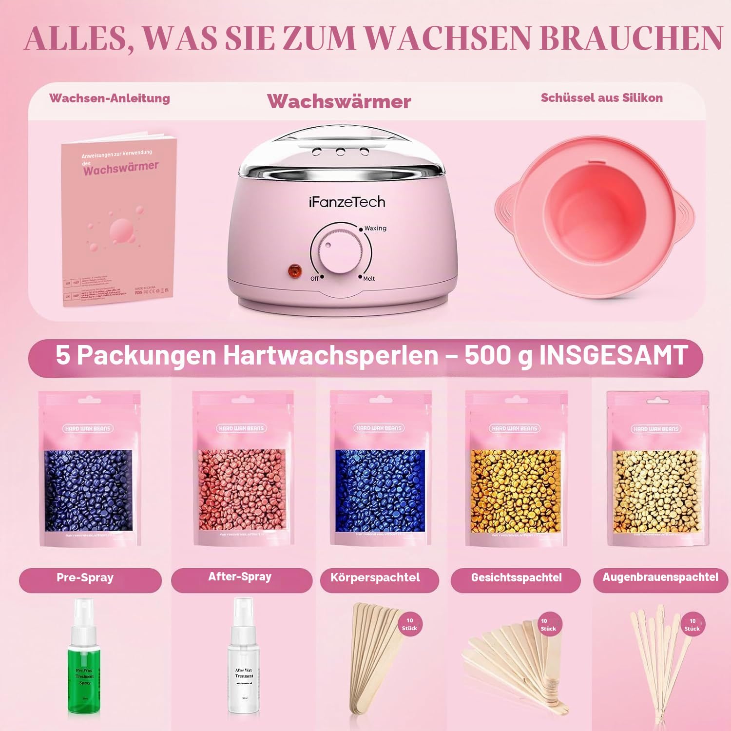 iFanzeTech Wax Maschine Waxing Set Frauen: Wachs Haarentfernung - Wachswärmer Wachsgerät zur haarentfernung mit 5 Packungen Waxing Perlen, Wachsmaschine Heißwachsgerät Set für Heimsalon