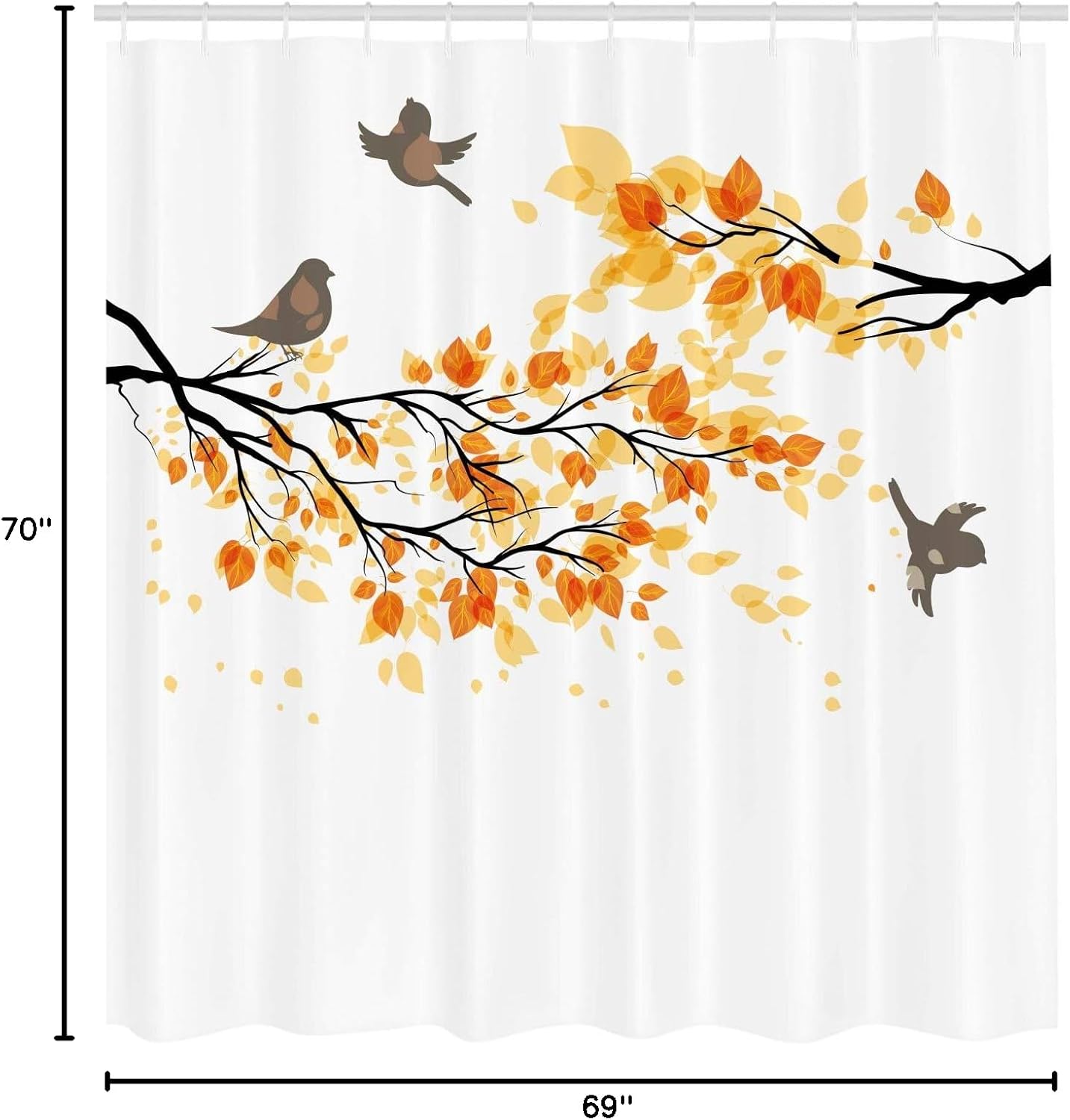 Ambesonne Fall Shower Curtain, Pastel Colored Autumn Composition with Soft Tone Orange Leaves and Flying Birds, Cloth Fabric Bathroom Decor Set with Hooks, 69" W x 70" L, Yellow and Cream