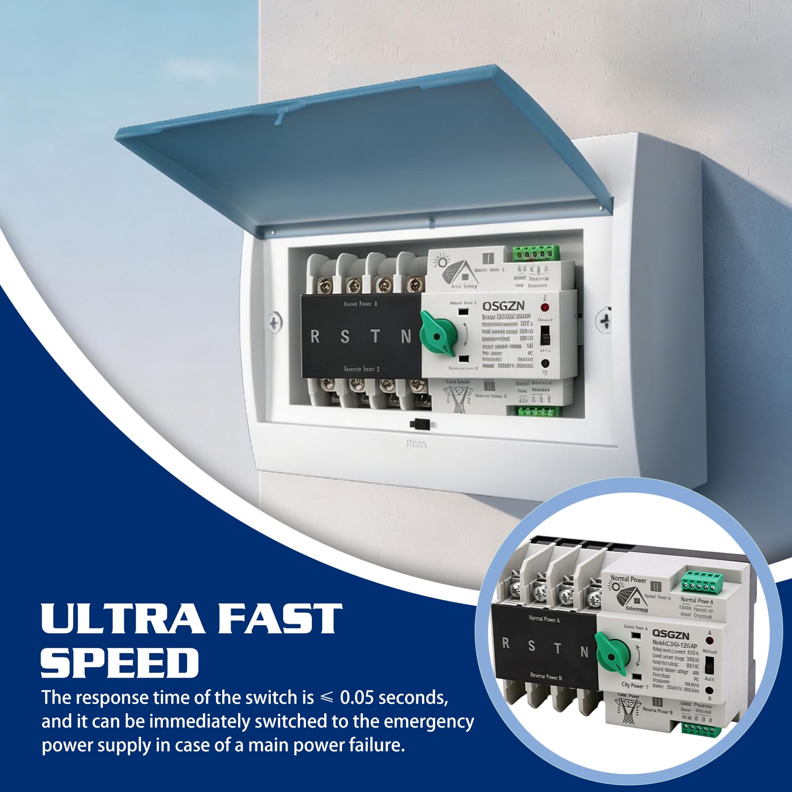 Dual Power Automatischer Transferschalter, Notstrom Umschalter Ununterbrochener AC 400V 4P 63A ATS PC Hutschiene Transfer Schalter Kommunaler Netzumschalter
