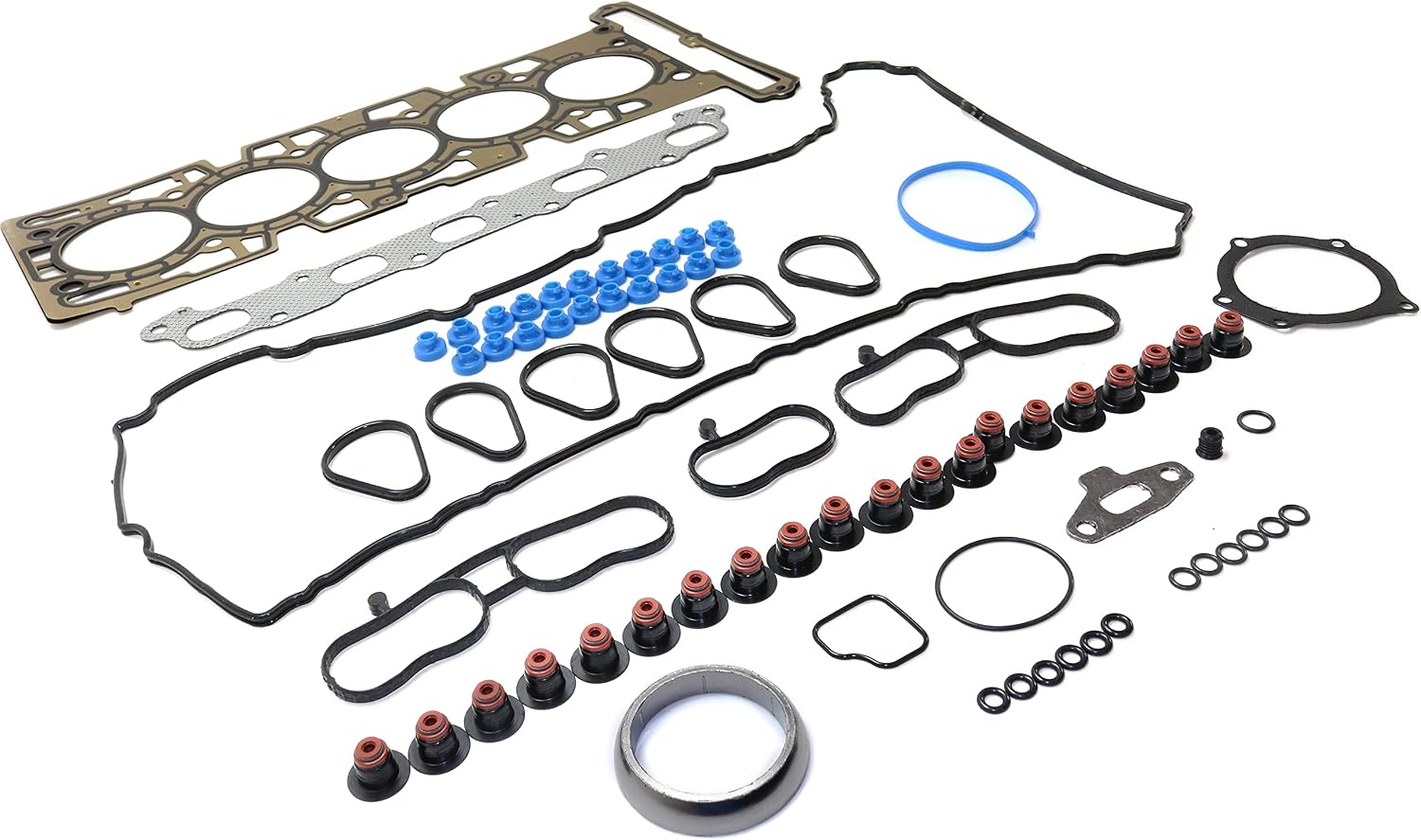 Close-up view of various seals and gaskets included in the set