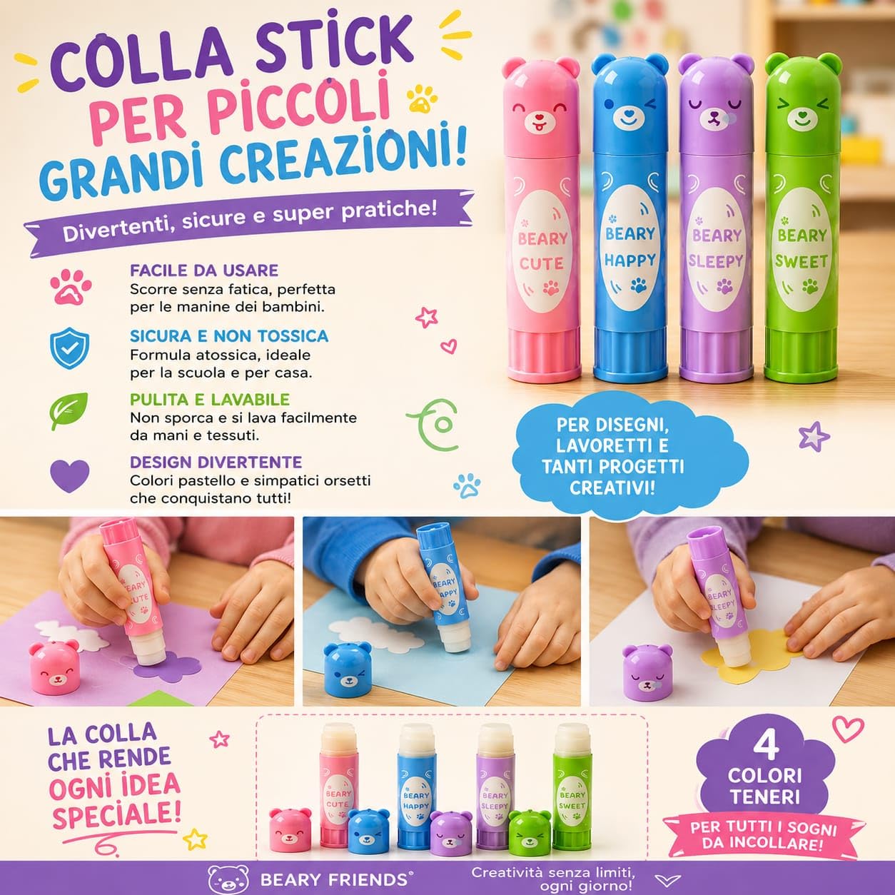 Colla Stick Bambini 15g x2 Orsetto Blu Rosa Verde Viola, Lavabile, Adatta per Lavoretti Fai da Te, Colla Scuola Asilo