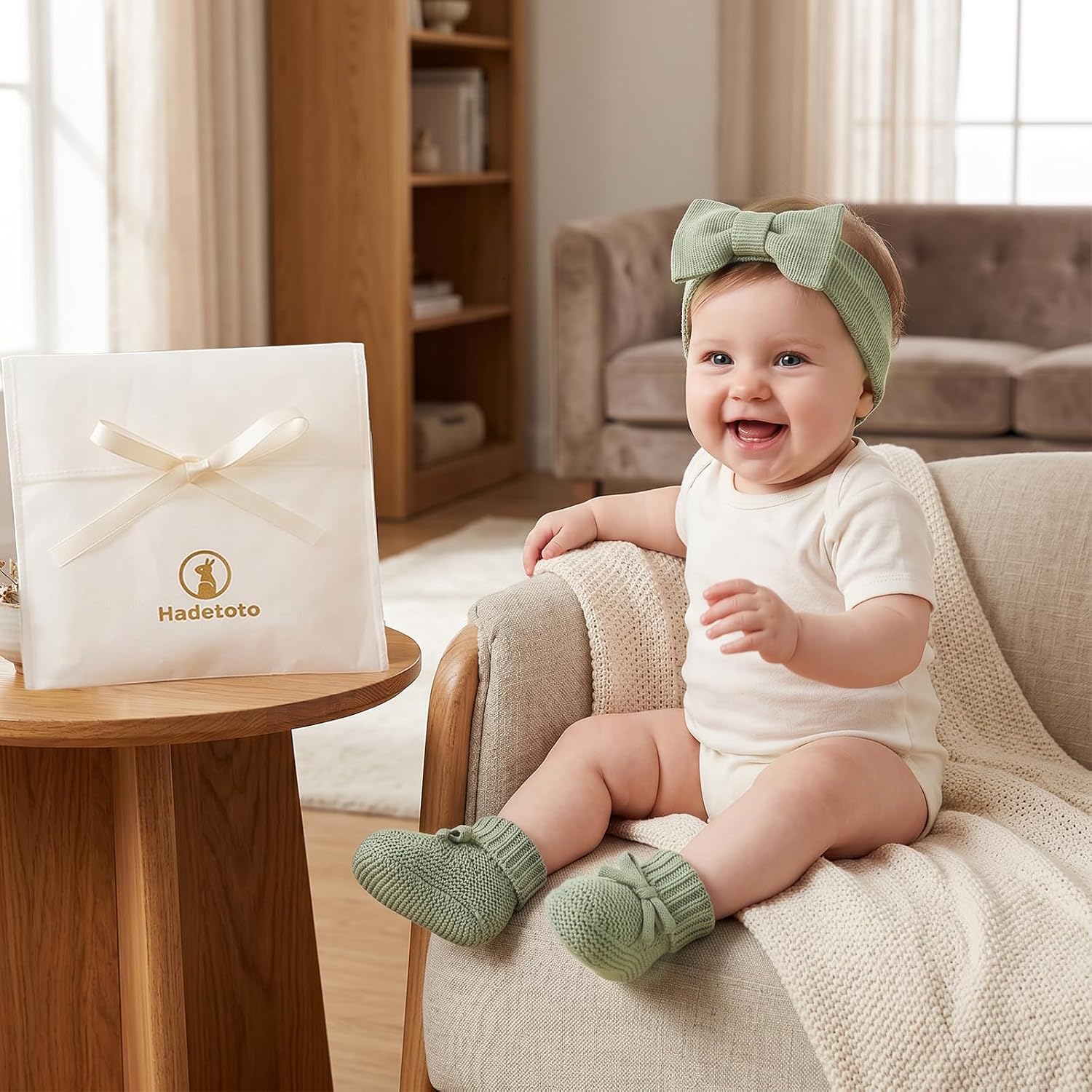 Hadetoto Baby Gift Set, 100% Cotton Baby Headband and Booties Set, Baby First Knit Shoes Sock for Infant Newborn Boy Girl (Green, 0-3 Months)