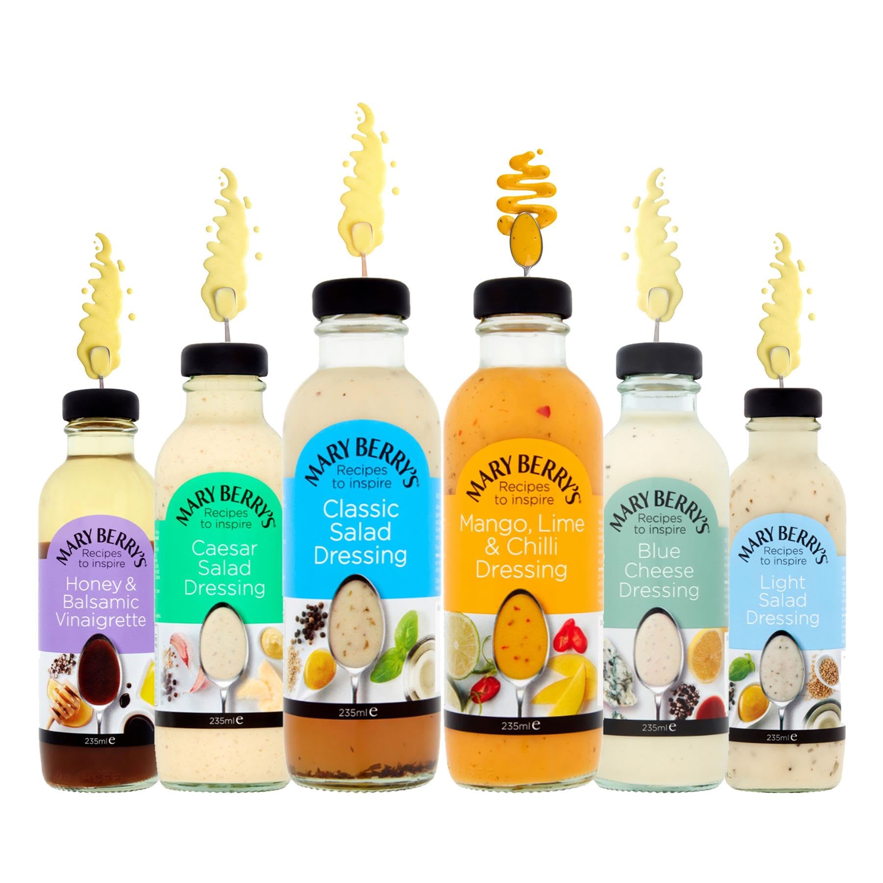 Mary Berry's Salad Dressing Pick N Mix - Choose From 4 Flavours | Classic-Dressing, Caesar Salad-Dressing, Mango, Lime & Chilli, Blue Cheese - Pack of 4 X 235ml