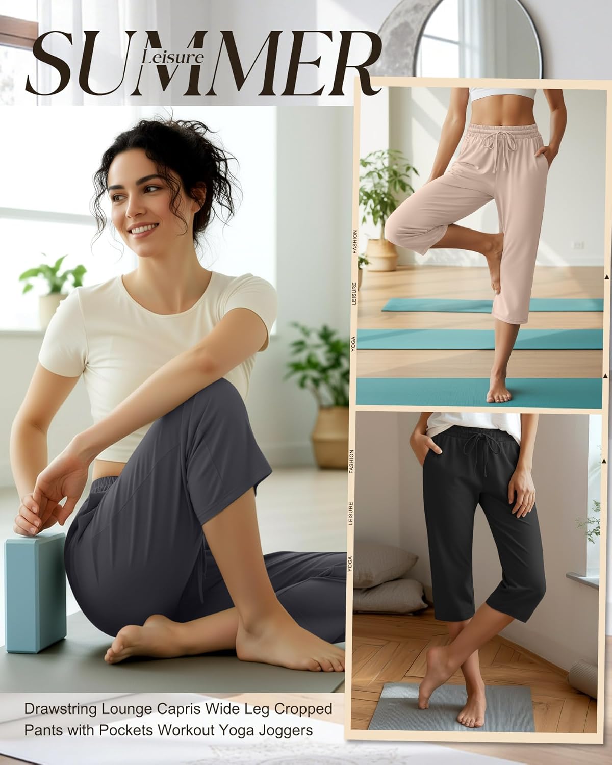 Huukeay 3 Pack Women's Capri Pants, Drawstring Lounge Capris Wide Leg Cropped Pants with Pockets Workout Yoga Joggers - Image 5