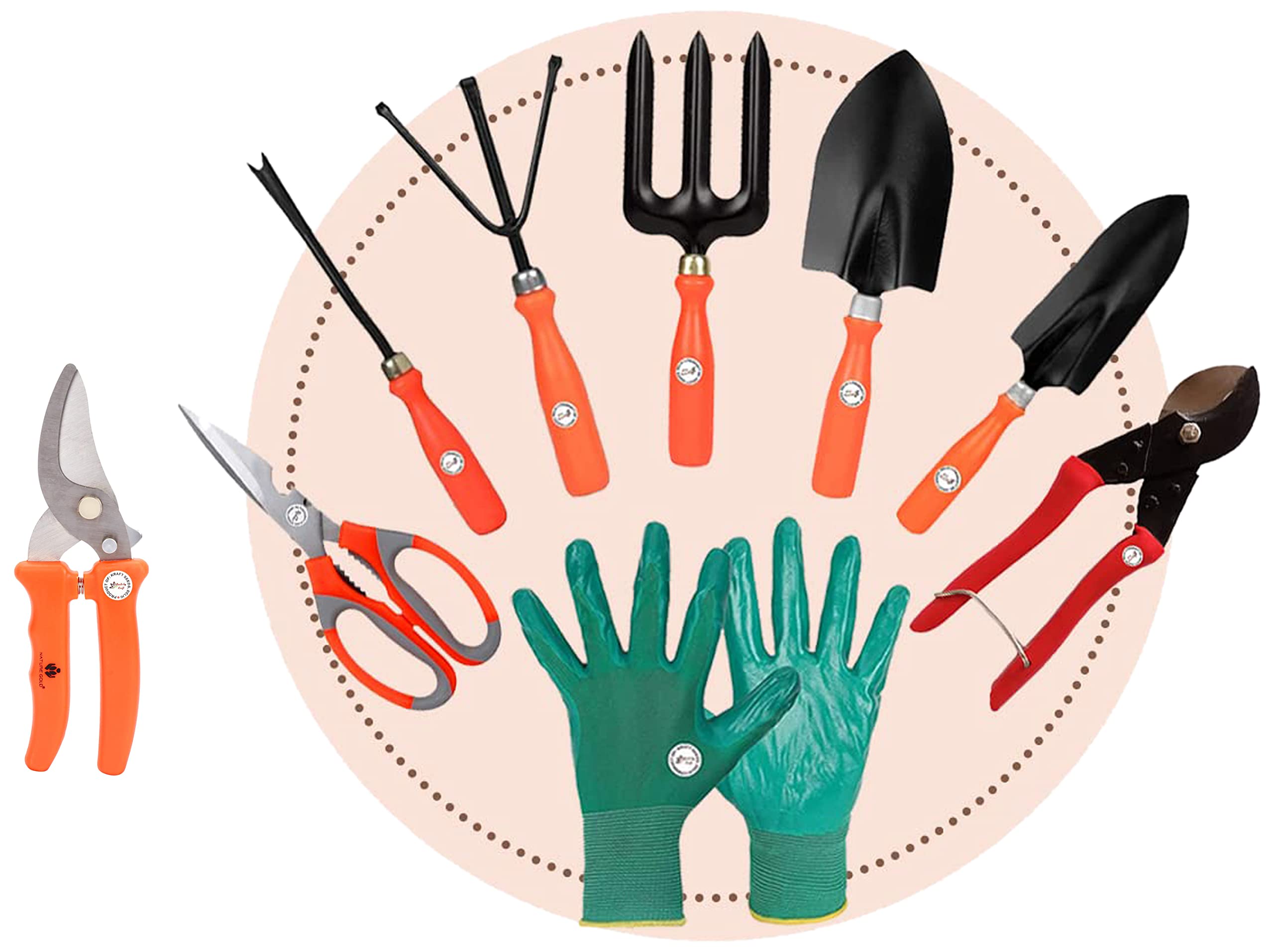 Kraft Seeds Pruning Shear Cutter for All Purpose Garden Use with Smart Lock (9.5cm, 9cm) & 8 in 1 Garden Tool Kit Durable Quality for Home Gardening, Urban Gardeners Delight