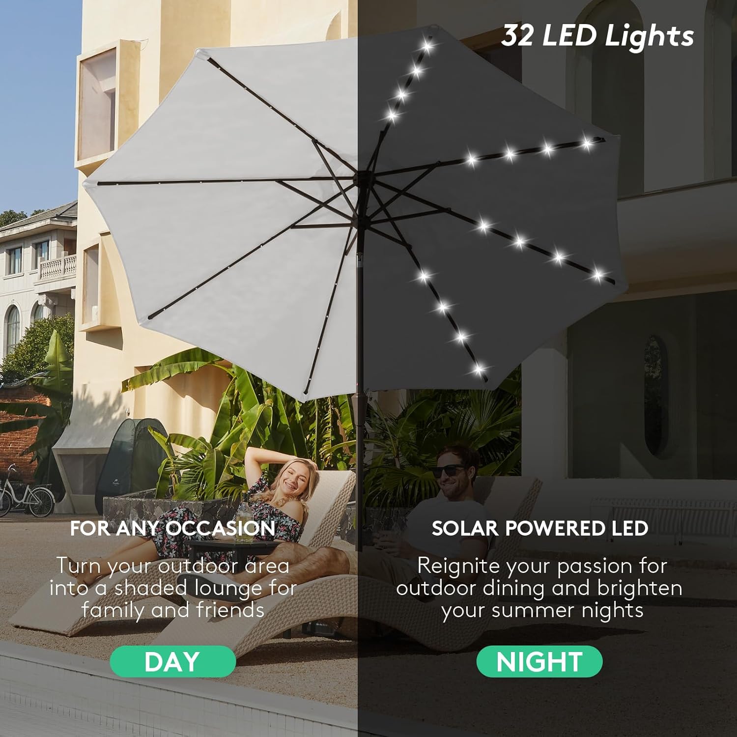 JEAREY 9FT Outdoor Patio Umbrella with Solar Lights, LED Lighted Pool Umbrella with Tilt and Crank, Outdoor Table Umbrellas for Deck, Yard & Market (Light Grey) 9FT Light Grey