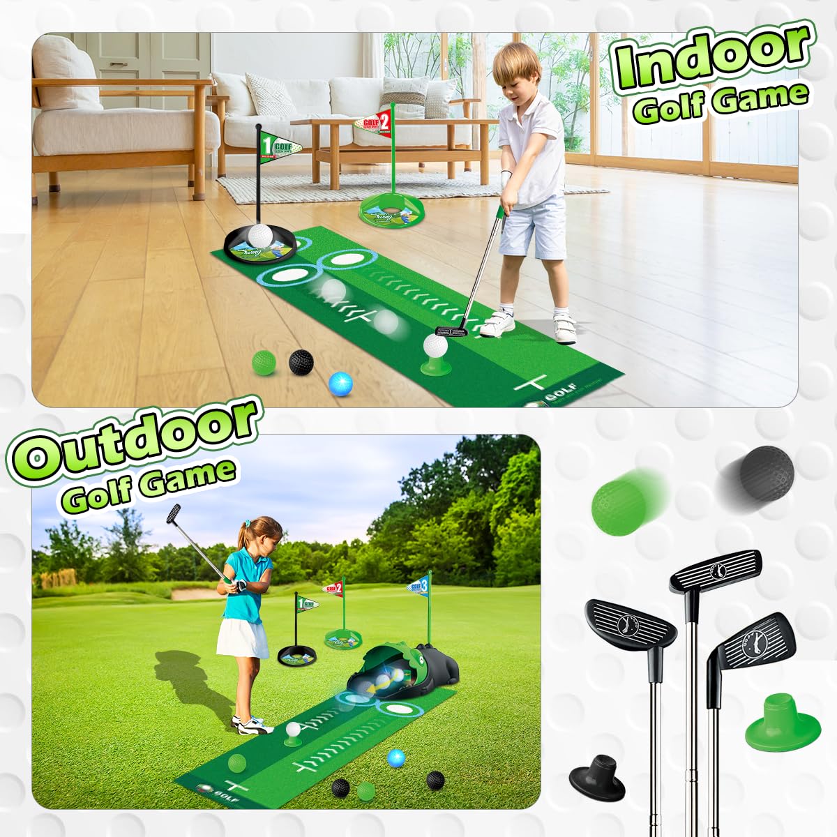 TERRAMUS Set da Golf Giocattolo per Bambini Dinosauro Automatico, Palline da Golf notturne Illuminate a LED, 3 Mazze, Tappetino da Putting, 3-8 minigolf, Giocattoli Sportivi da Interno ed Esterno