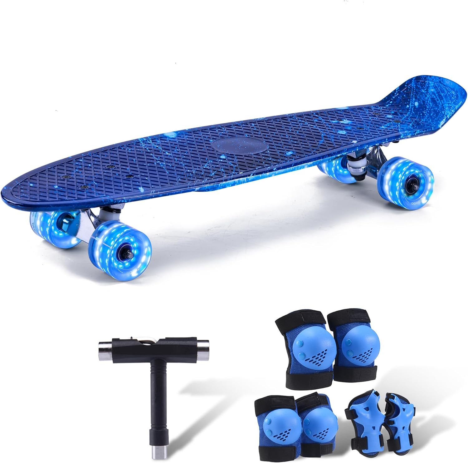 Kids Skateboard Set with Light-Up Wheels–Complete Beginner Kit Includes Full Protective Gear & Skate Tool–Ideal for Boys & Girls