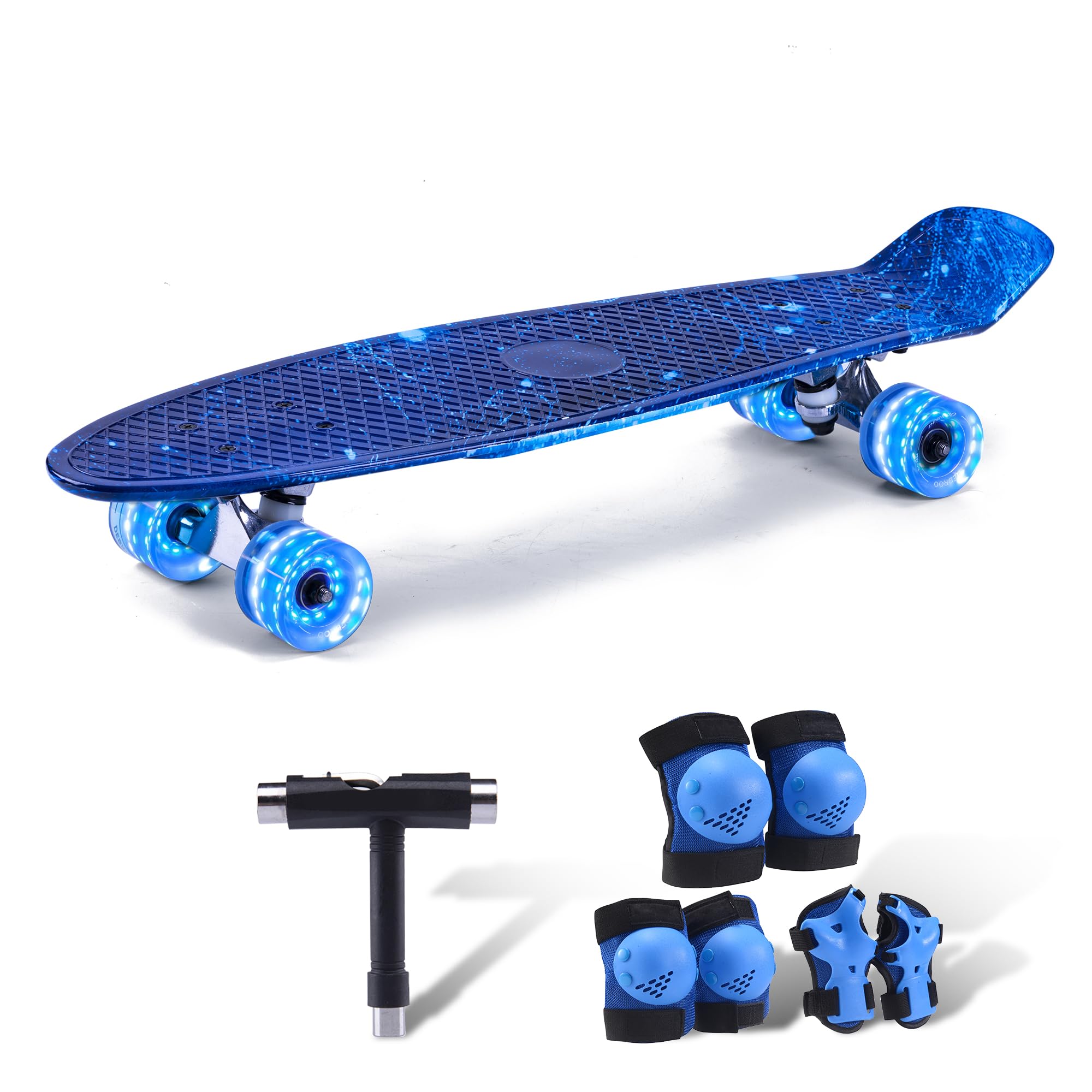 Kids Skateboard Set with Light-Up Wheels–Complete Beginner Kit Includes Full Protective Gear &amp; Skate Tool–Ideal for Boys &amp; Girls