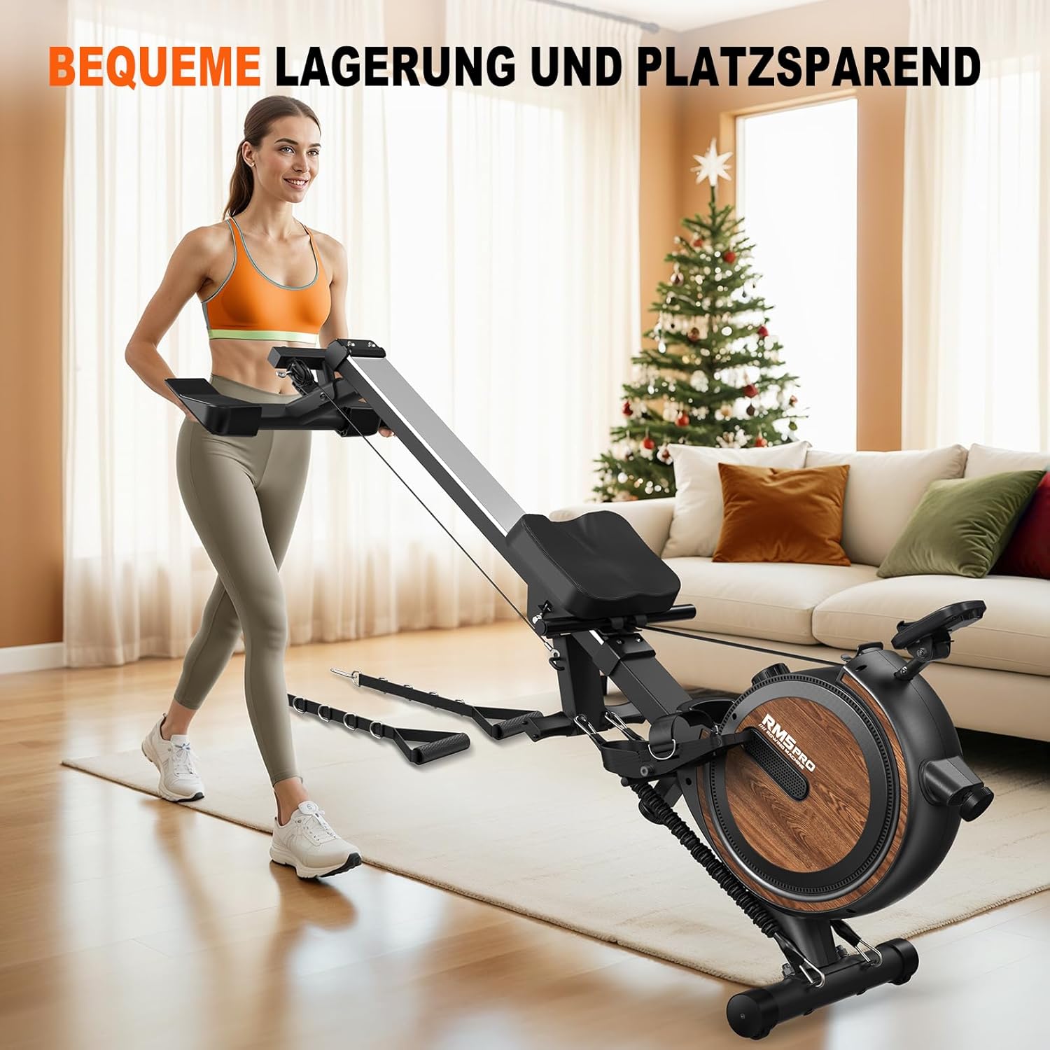 Components of the MettleMatic RM5PRO rowing machine laid out, including the main unit, seat, rail, and resistance bands.