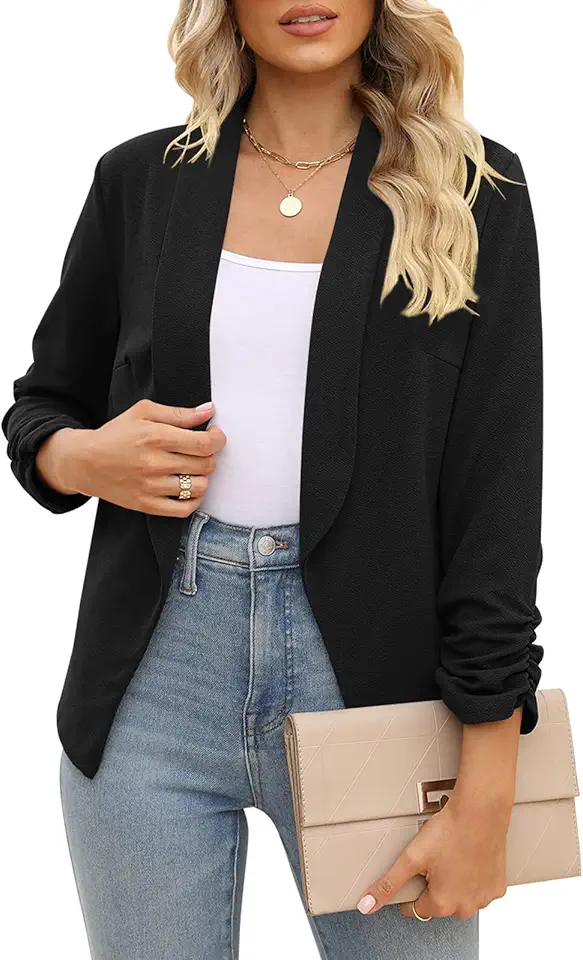 Blazer feminino de manga 3/4 com frente aberta, cardigã para trabalho e escritório