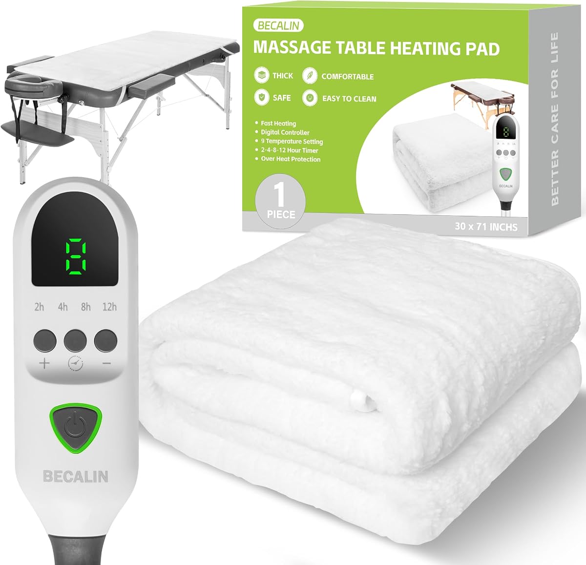 Almohadilla calefactora para mesa de masaje, almohadillas calentadoras para cama de masaje SPA profesional | con temporizador de 2-4-8-12 horas, 9 ajustes de calor, protección contra sobrecalentamiento, forro polar grueso y suave para cama de masaje y spa, 30" x 71"