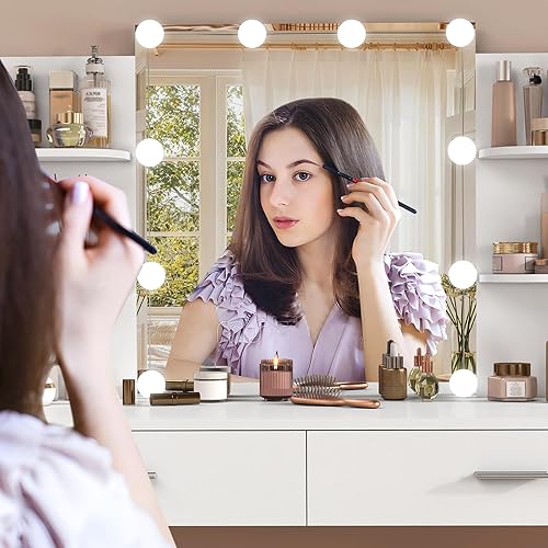 Miniatura 33 de usikey Juego de tocador grande con espejo iluminado y estación de carga, tocador de maquillaje con 4 estantes de almacenamiento y 4 cajones, 43.5"W