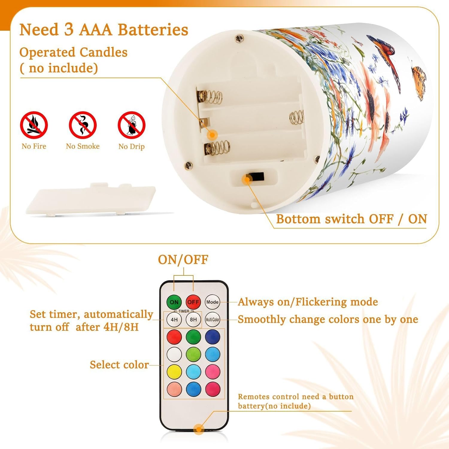ALAZA Watercolor Wildflower Butterfly Blossom Flickering Flameless Candles Pillar Led Candles Battery Operated Candles with Remote and Timers Set of 2