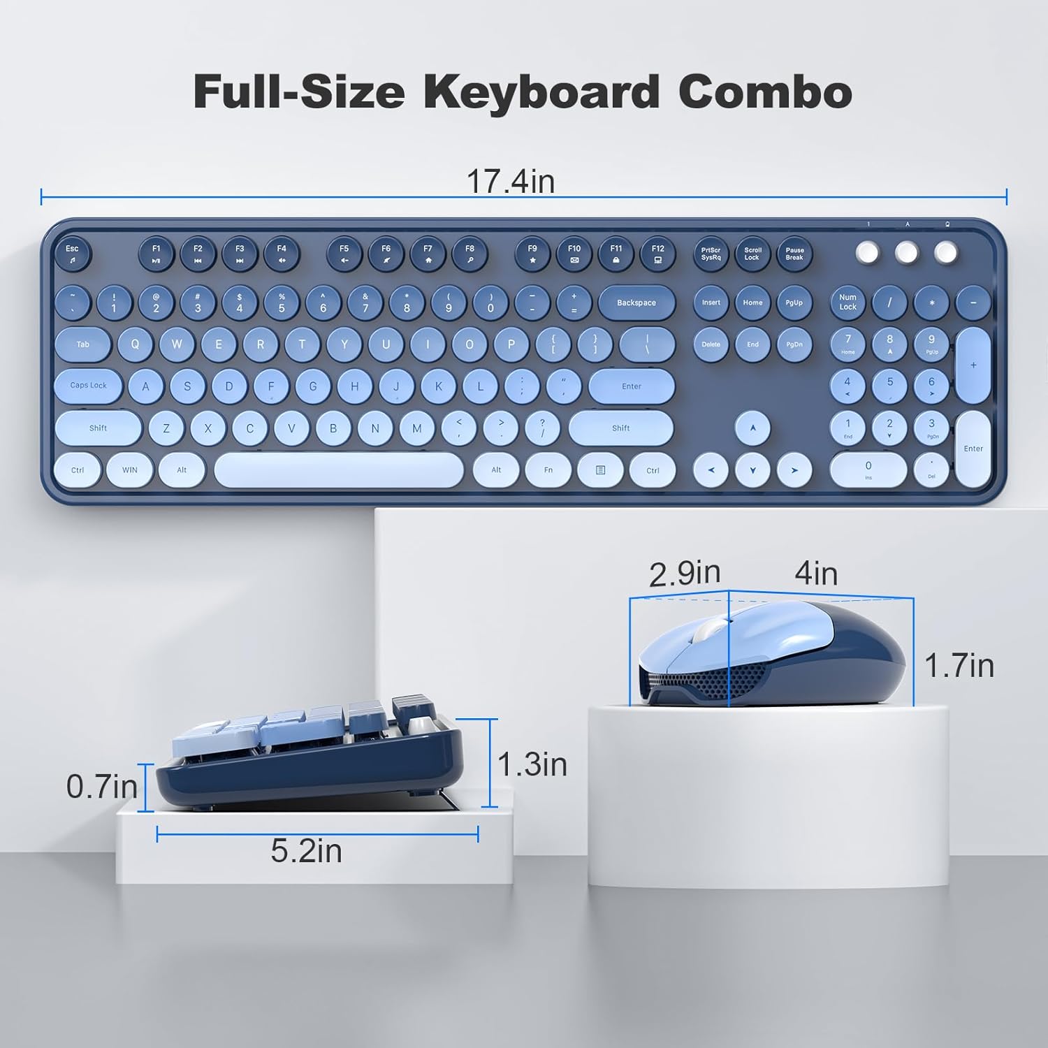Wireless Keyboard and Mouse Combo, 2.4GHz Gradient Colorful Full-Size Retro Typewriter Keyboard with Wireless Mouse for PC/Desktop/Laptop/Windows (Azure Blue)