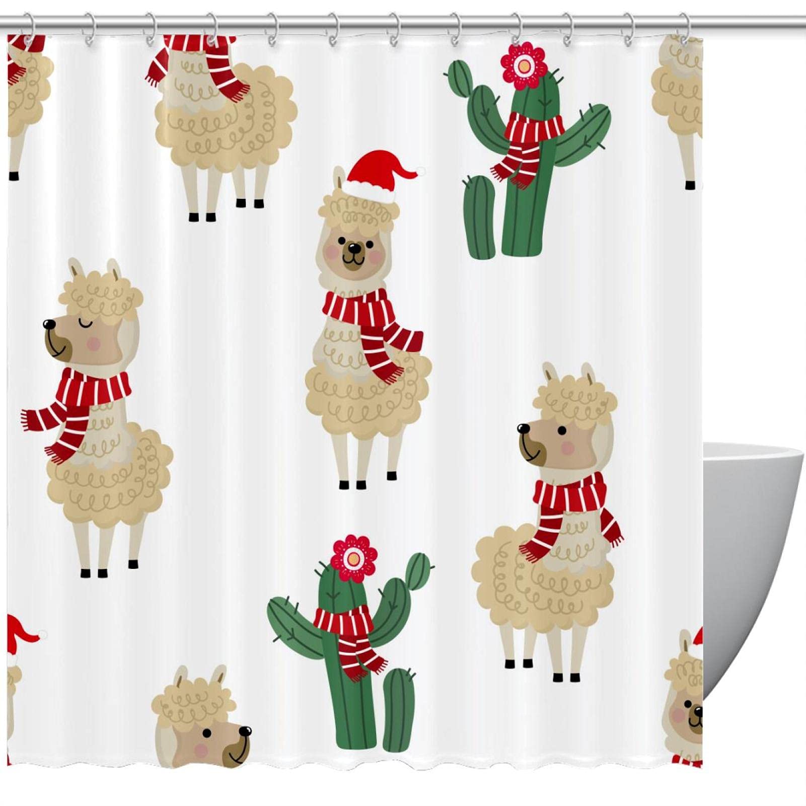 Rideau de douche alpaga et cactus 150x180 cm pour baignoire avec 12 crochets
