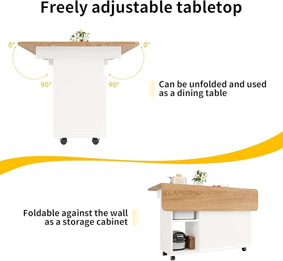 Coolfish Kitchen Island, Kitchen Cabinet, Removable Serving Trolley, Buffet Cabinet, Dining Trolley w/Wood Grain, Buffet Cabinet, Multifunctional Dining Table w/Storage Space White
