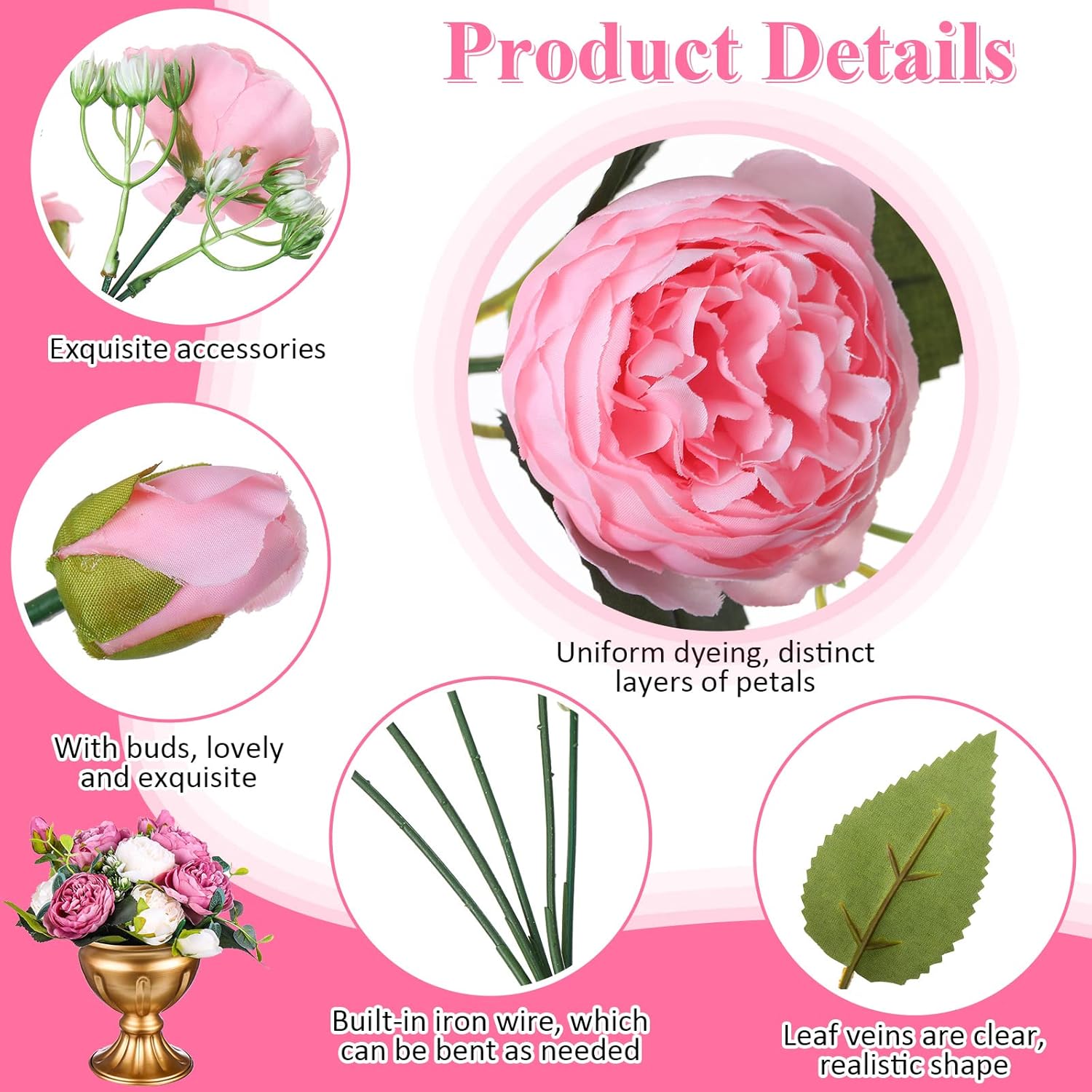 Hoteam 24 Bundles Artificial Peonies Flowers Wedding Faux Flowers Silk Peony Bouquet Bulk Bride Fake Florals Arrangements for Table Centerpieces Wedding ​Party Vase Decor (Light Pink, White)