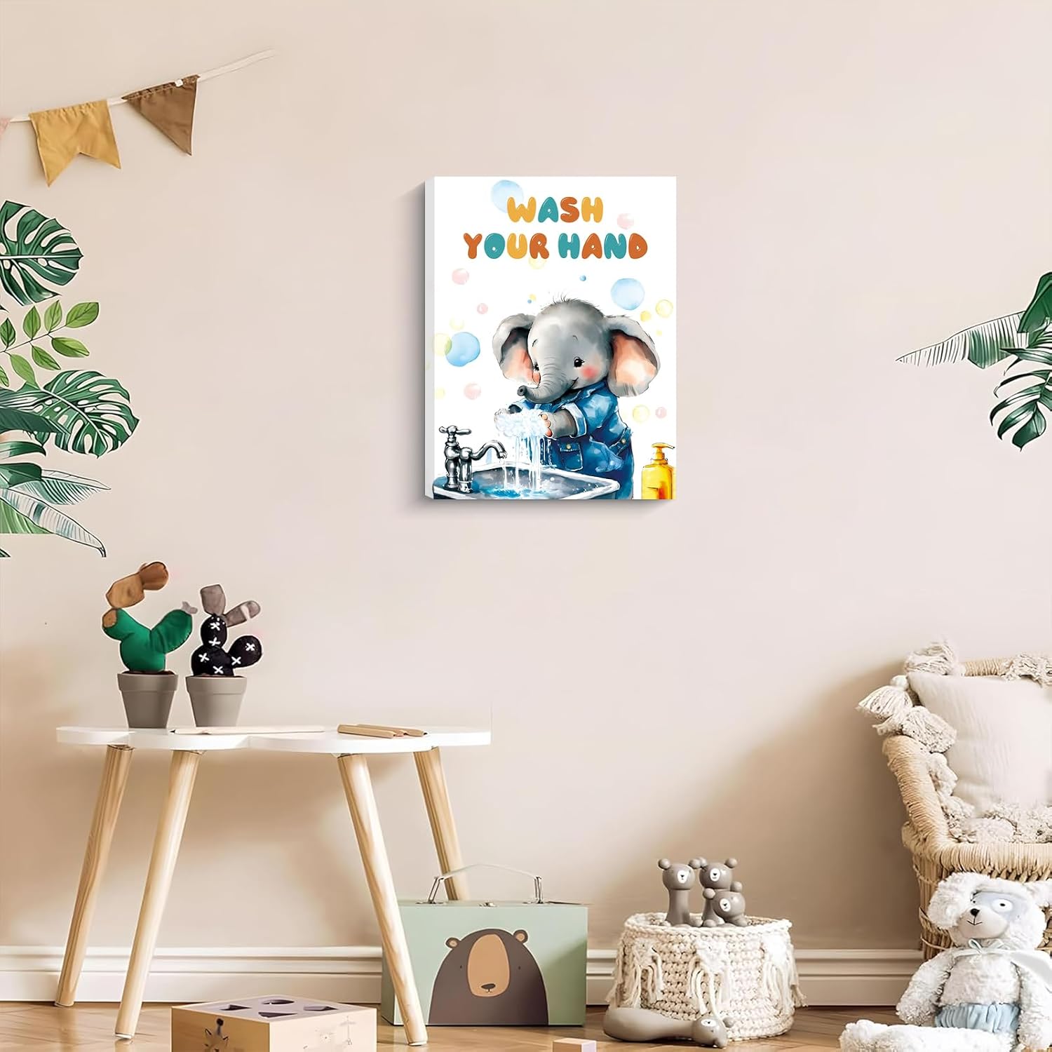 Kids Bathroom Decor Wall Art,Funny Elephant Wash Your Hand Wall Art,Fun Kids Bathroom Decor Picture Inspirational Quotes Artwork,Cute Animals Elephant Wash Your Hand Humor Poster 12x16 inch Framed