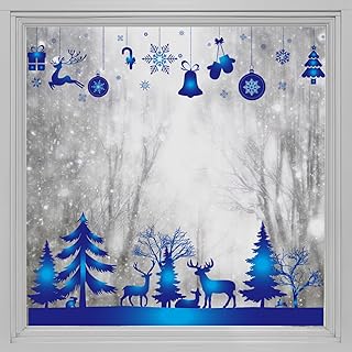 Alwayspon Christmas Static Window Film Privacy, Double Sided Snowflake Window Cling Sticker, Anti UV Glass Film for Christmas Decoration, Pine Trees Deers Jingle Bell T004